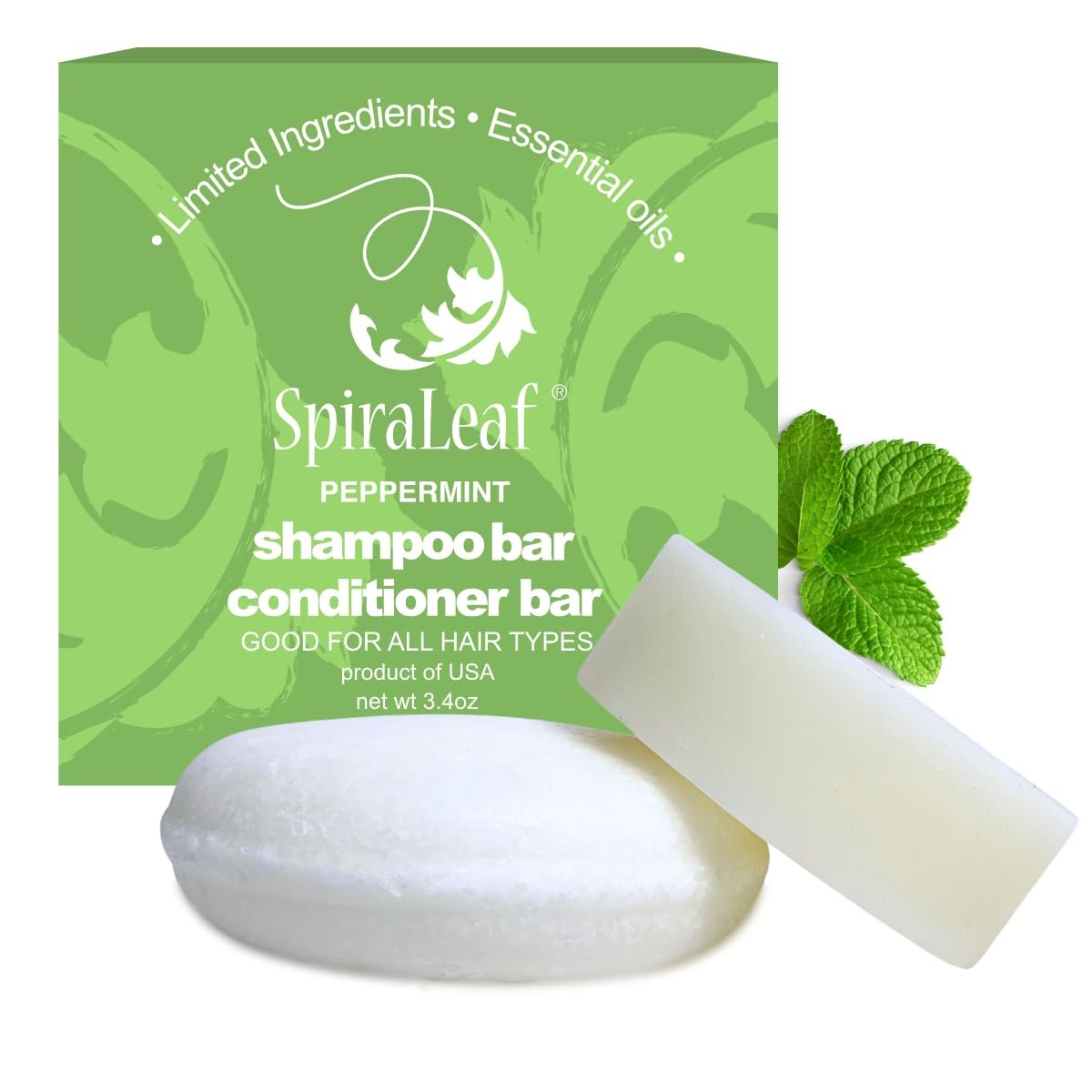 SpiraLeaf Solid Shampoo & Conditioner Bar Set PEPPERMINT All Hair Types USA