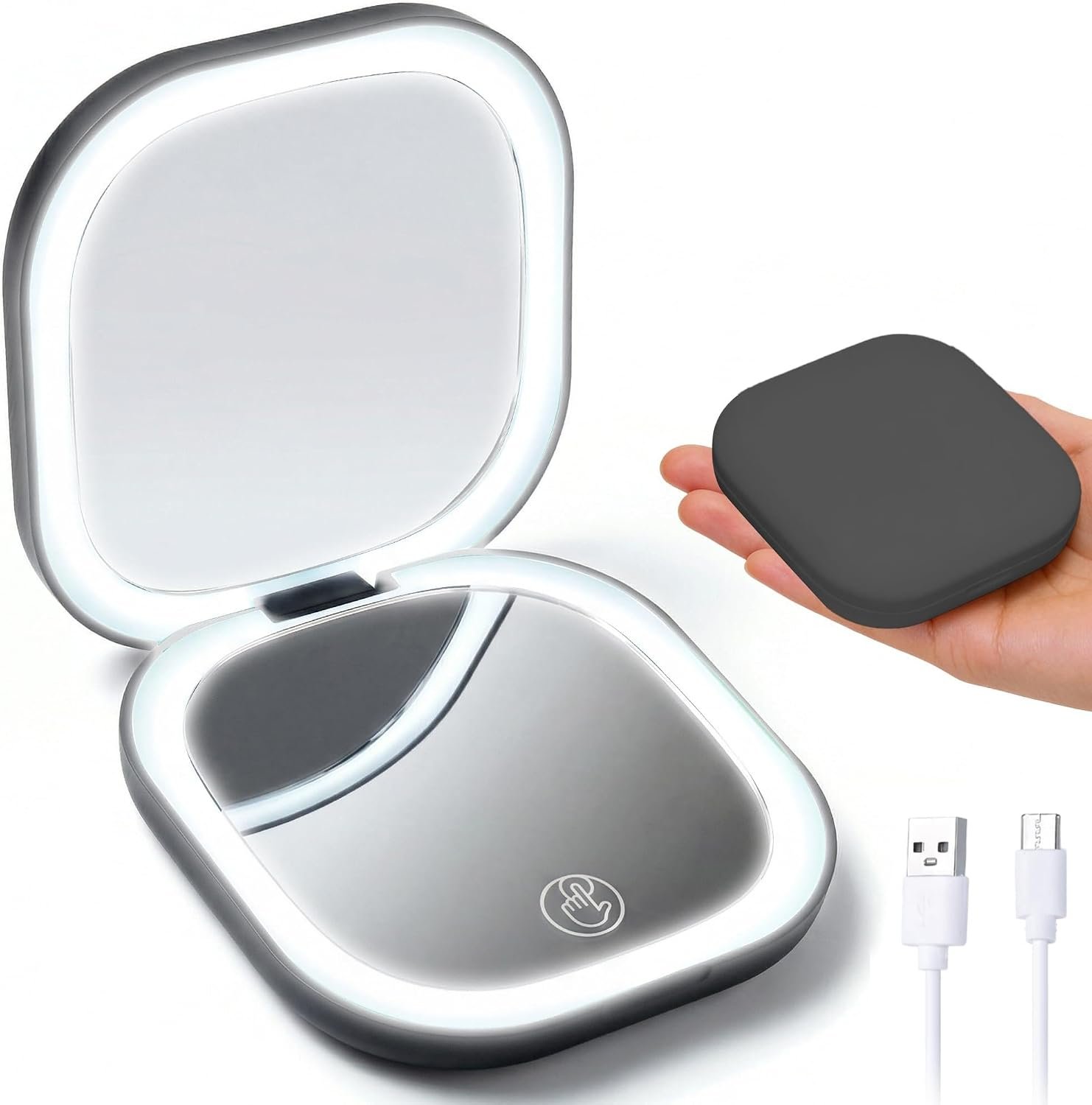 Compact Mirror with Light, Portable LED Lighted Compact Makeup Mirror with 5X Magnification, USB Rechargeable Foldable Small Pocket Travel Magnifying Beauty Mirror for Women Grils Purse, Black