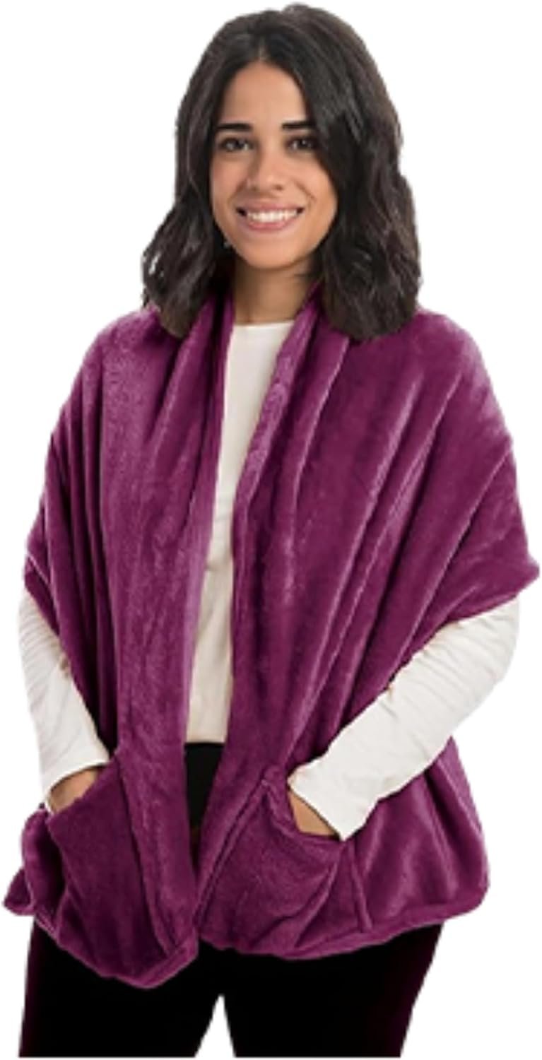 Mintra Home Wearable Microfiber Shawl – Soft and Warm Fleece Wrap with Convenient Pockets, Cozy and Trendy Winter Coverup