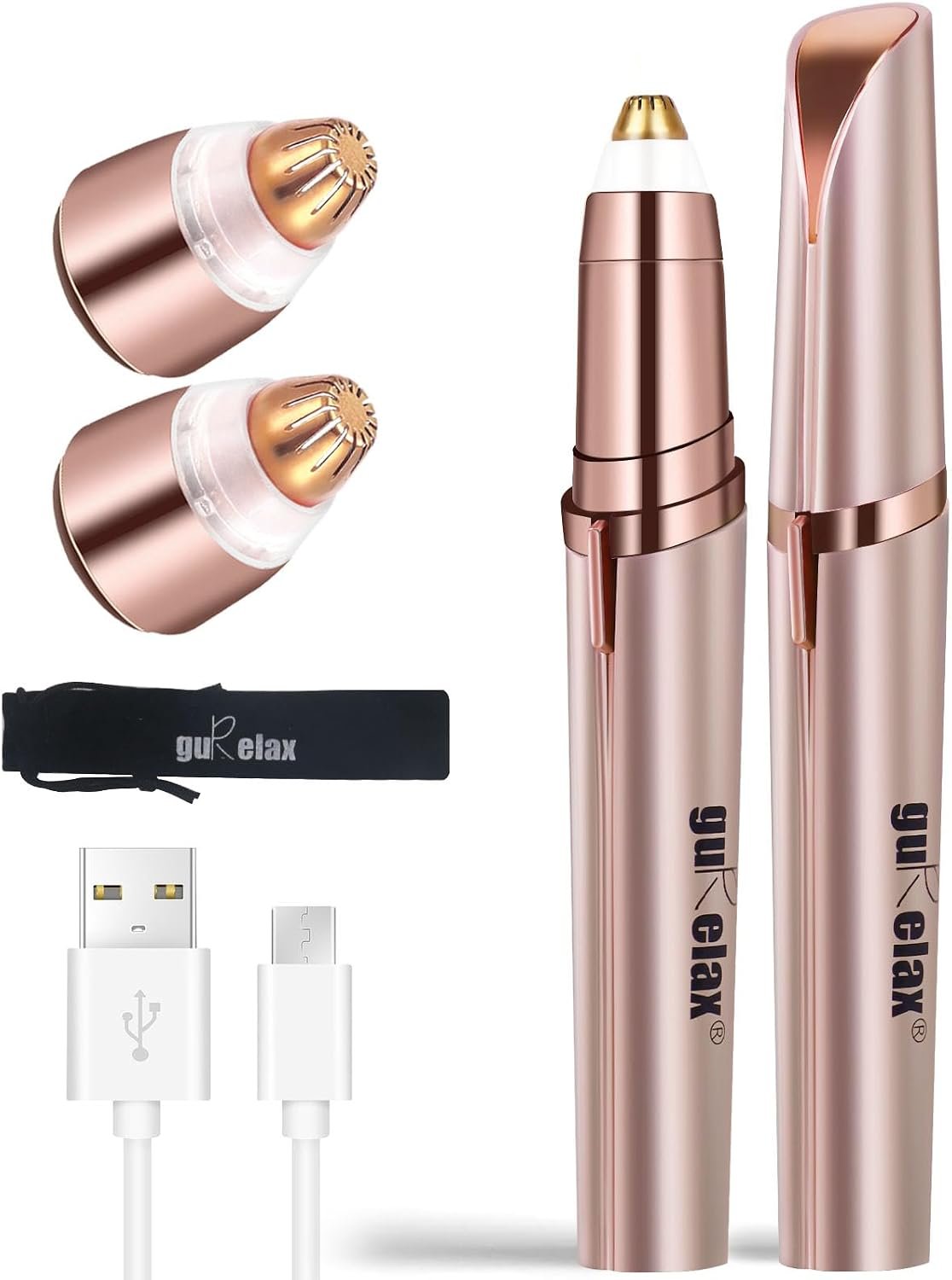 gurelax Eyebrow Trimmer for Women, Rechargeable Eyebrow Hair Remover, Painless Electric Razor with 2 x Replacement Heads,Face & Eye Brow Nose Ear Shaver Hair Removal (Rose Gold)