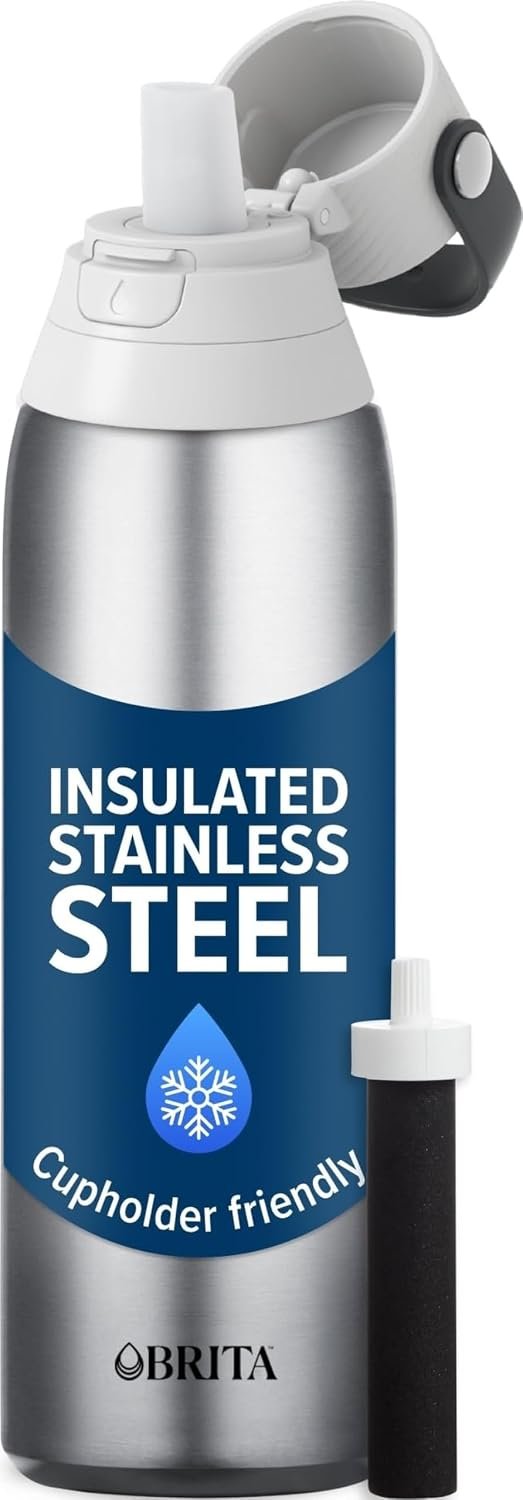 Brita Stainless Steel Premium Filtering Water Bottle, BPA-Free, Reusable, Insulated, Replaces 300 Plastic Water Bottles, Filter Lasts 2 Months or 40 Gallons, Includes 1 Filter, Stainless – 20 oz.