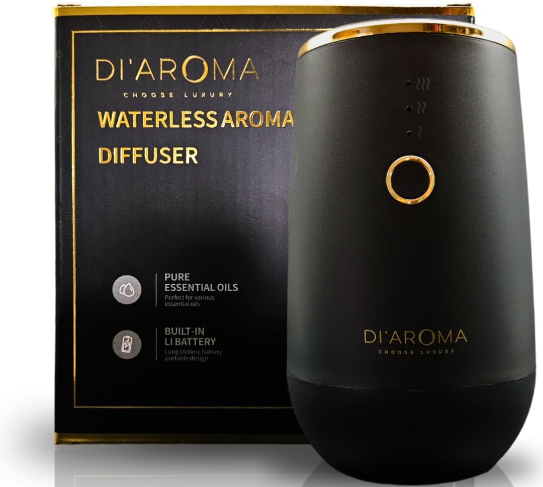 Waterless Essential Oil Diffuser – Portable Nebulizing Aroma Oil Diffuser for Car, Home & Office, USB Rechargeable, Silent Operation, No Water Needed, Di’Aroma (Black)