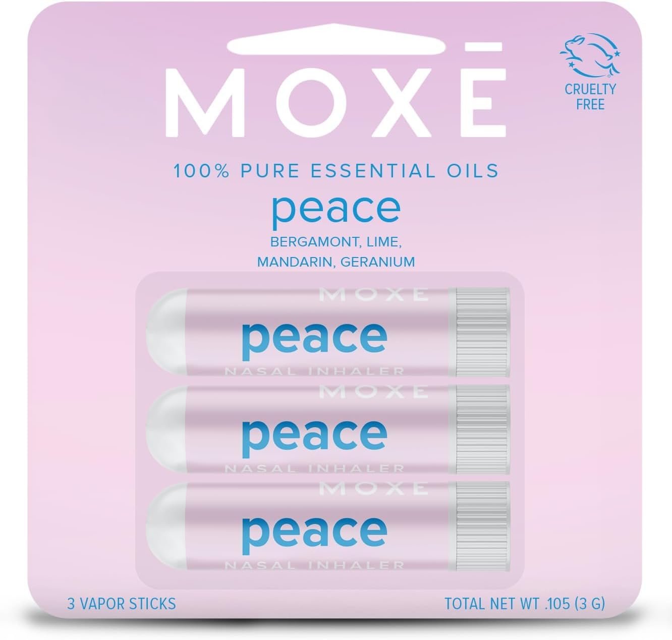 MOXĒ Peace Nasal Inhaler, Calming Essential Oil Blend, Tension Relief, Helps Relaxation and Meditation, Soothing Fragrance, Bergamot, Mandarin, Geranium, Lime (3 Pack)