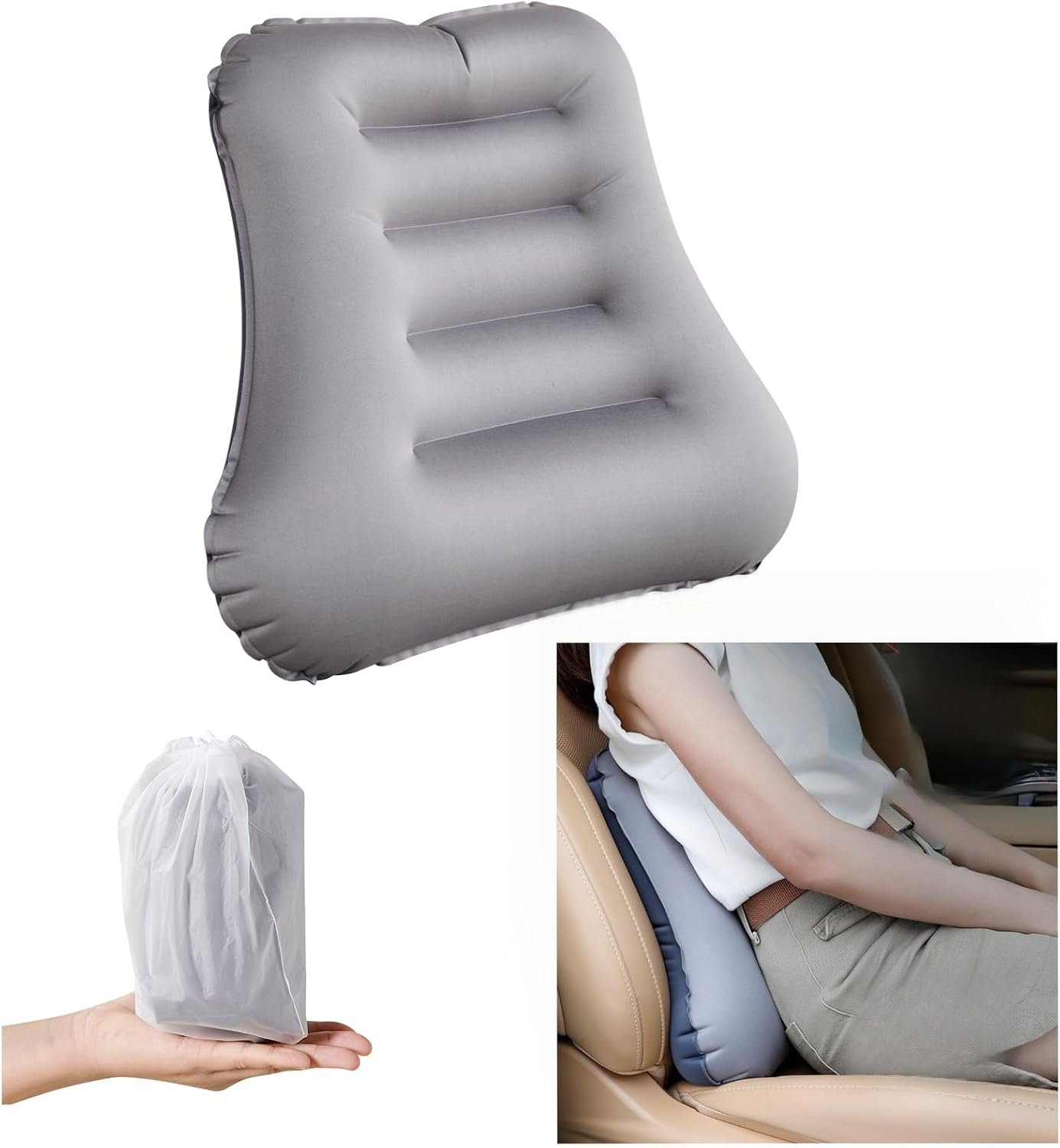 Inflatable Lumbar Support Pillow for Travel Seat and Office Chair, Back Support Pillow for Airplane Travel and Car, Lumbar Pillow for Lower Back Pain Relief and Improve Posture, Easy to Carry – Grey