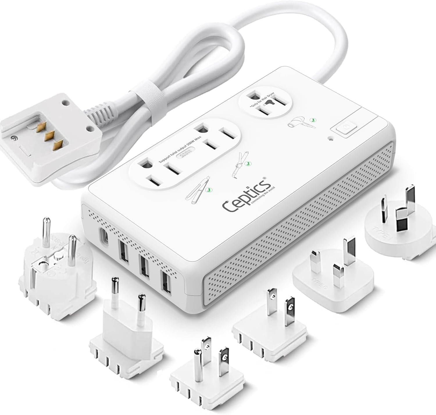 Ceptics Voltage Converter, 200W + 2000W, 4 USB Ports, 6 SWadAPt Plugs