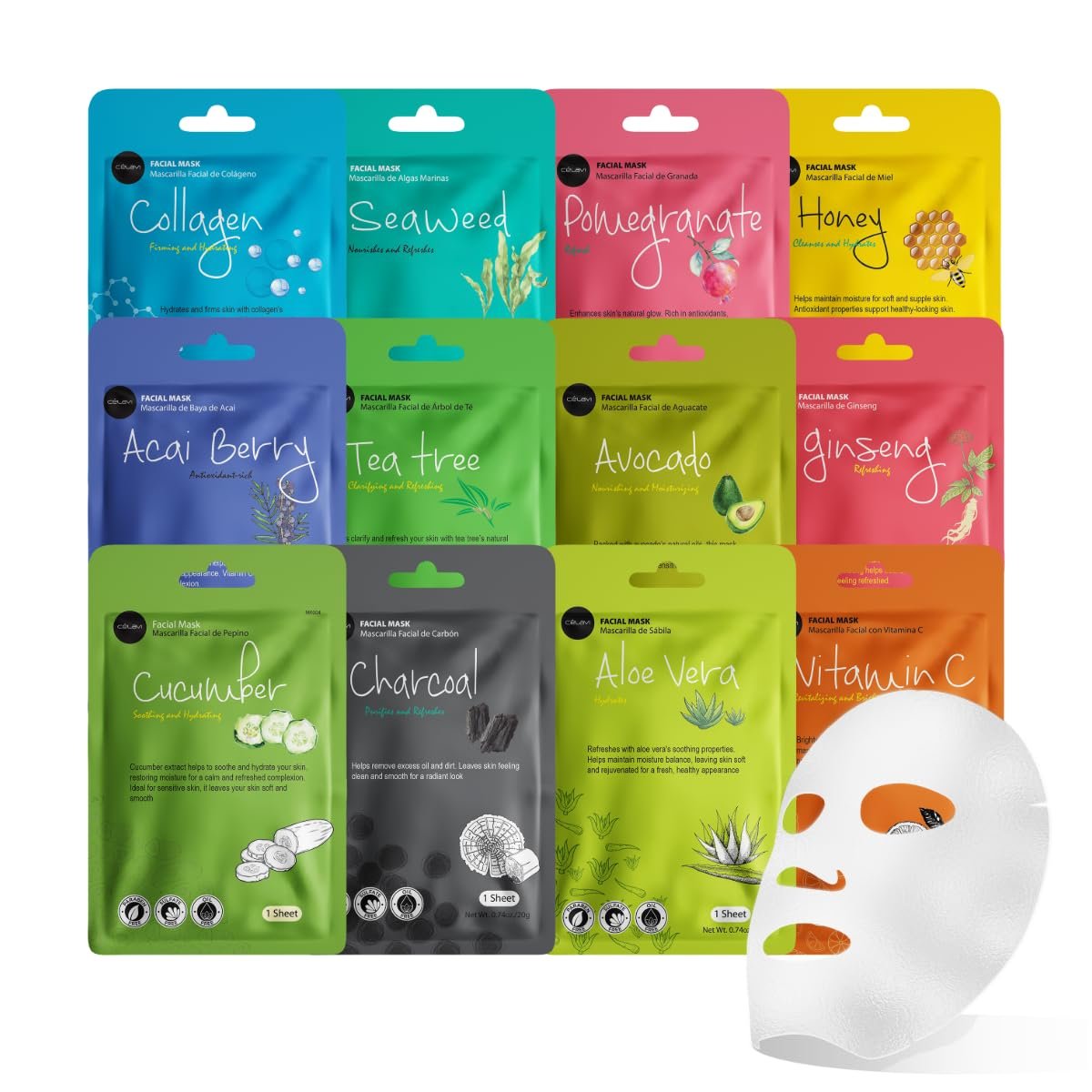 Celavi Korean Face Mask Sheet Set, Facial Spa Masks for Women, 12 Pack