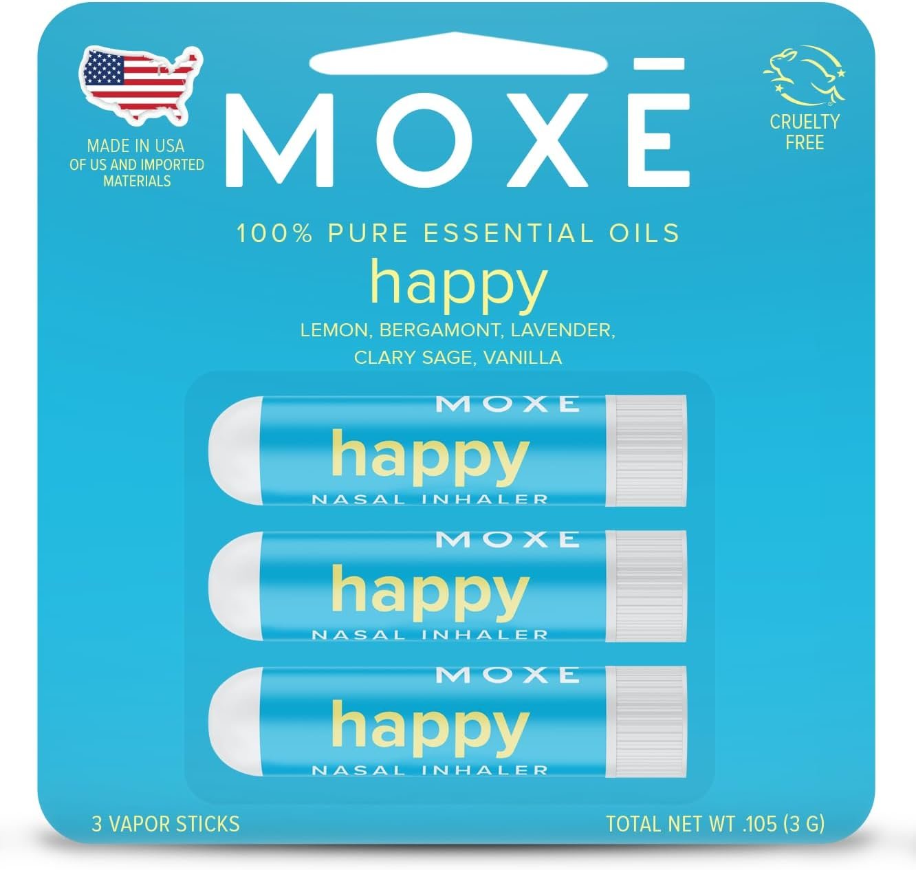 MOXE Happy Nasal Stick | Stress-Free + Calming Relief | Uplift Aromatherapy Essential Oil Blend 100% Pure & Undiluted | for Feelings of Positivity and Gratitude | Nasal Inhaler (3 Pack)
