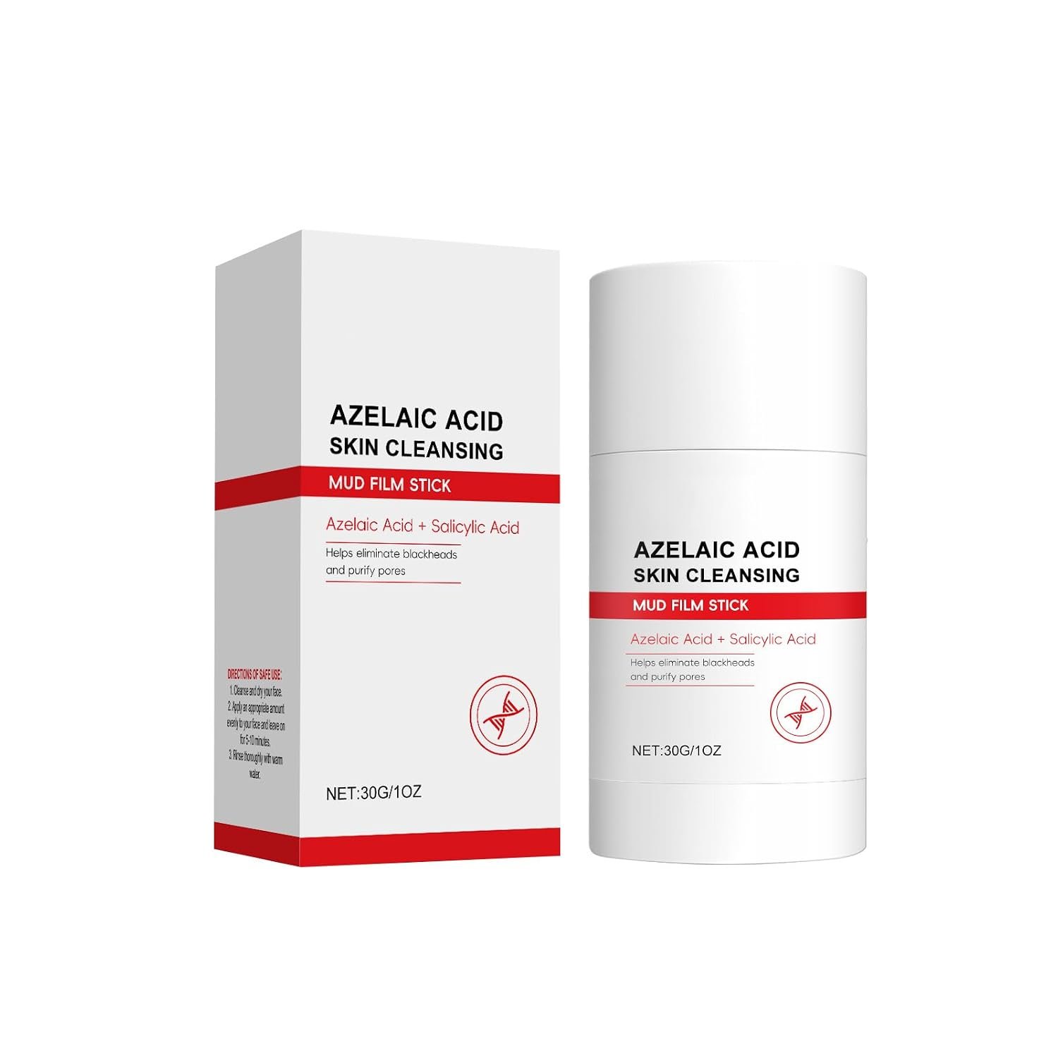 Azelaic Acid Cleansing Mud Mask Stick 30g, with Salicylic Acid & Kaolin Clay, Pore-Purifying & Oil-Control Mud Film Stick, Gentle Exfoliating Cleanser for Smooth Skin, Portable for All Skin Types