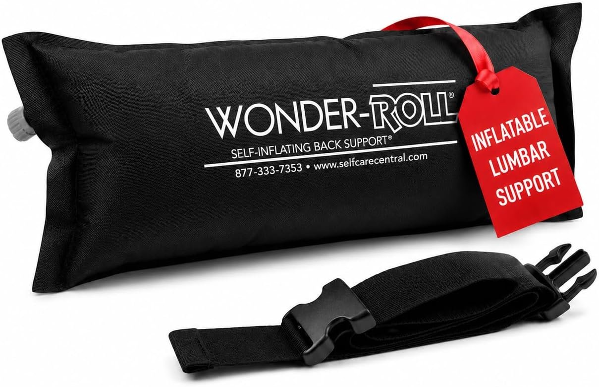 Wonder-Roll Self-Inflating Lumbar Support Pillow for Lower Back Comfort, Adjustable Back Cushion for Office Chair, Car Seat and Airplane Travel, Portable Ergonomic Lumbar Roll