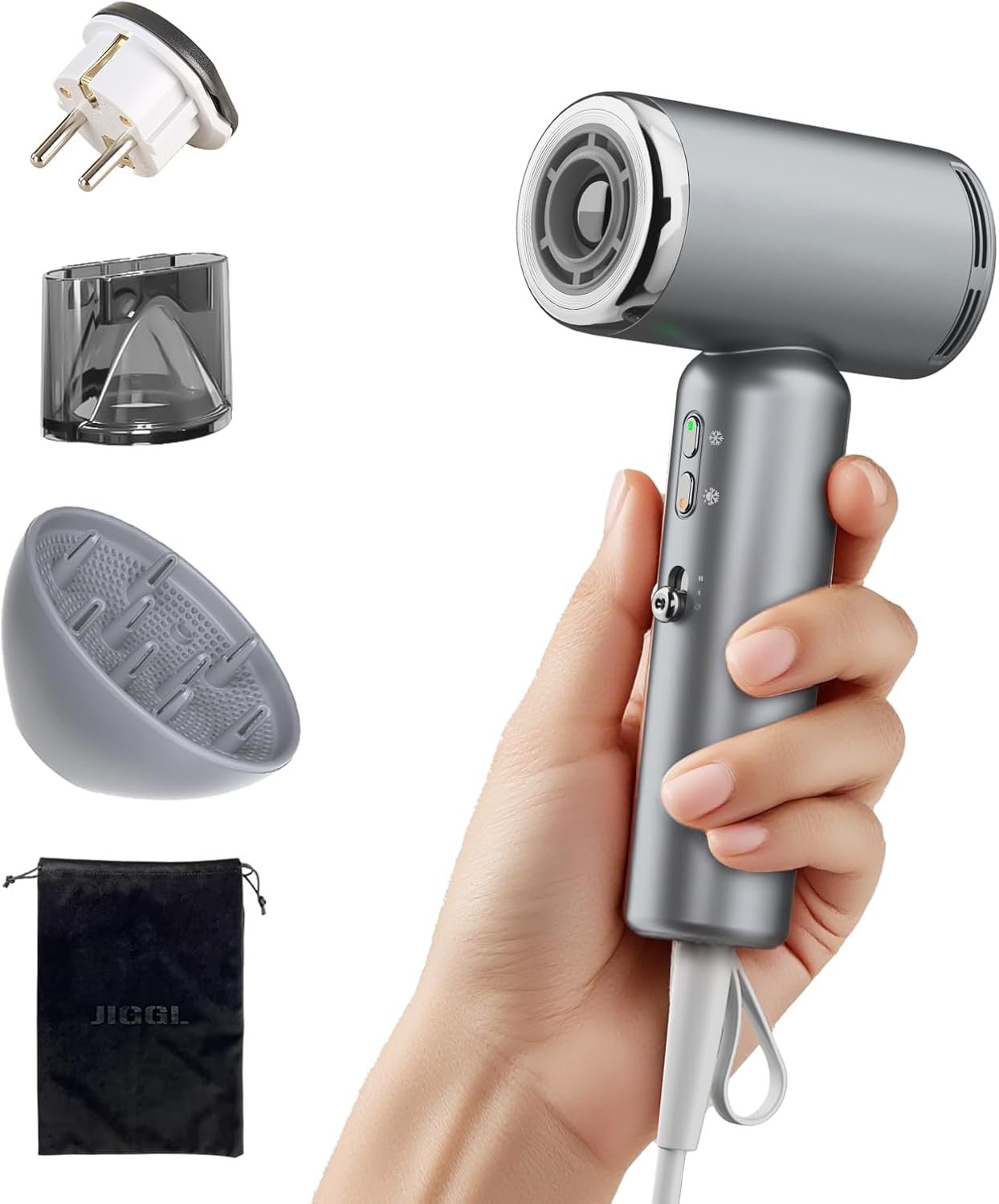 JIGGL Dual-Voltage High-Speed Mini Travel Hair Dryer with Ionic in Gray