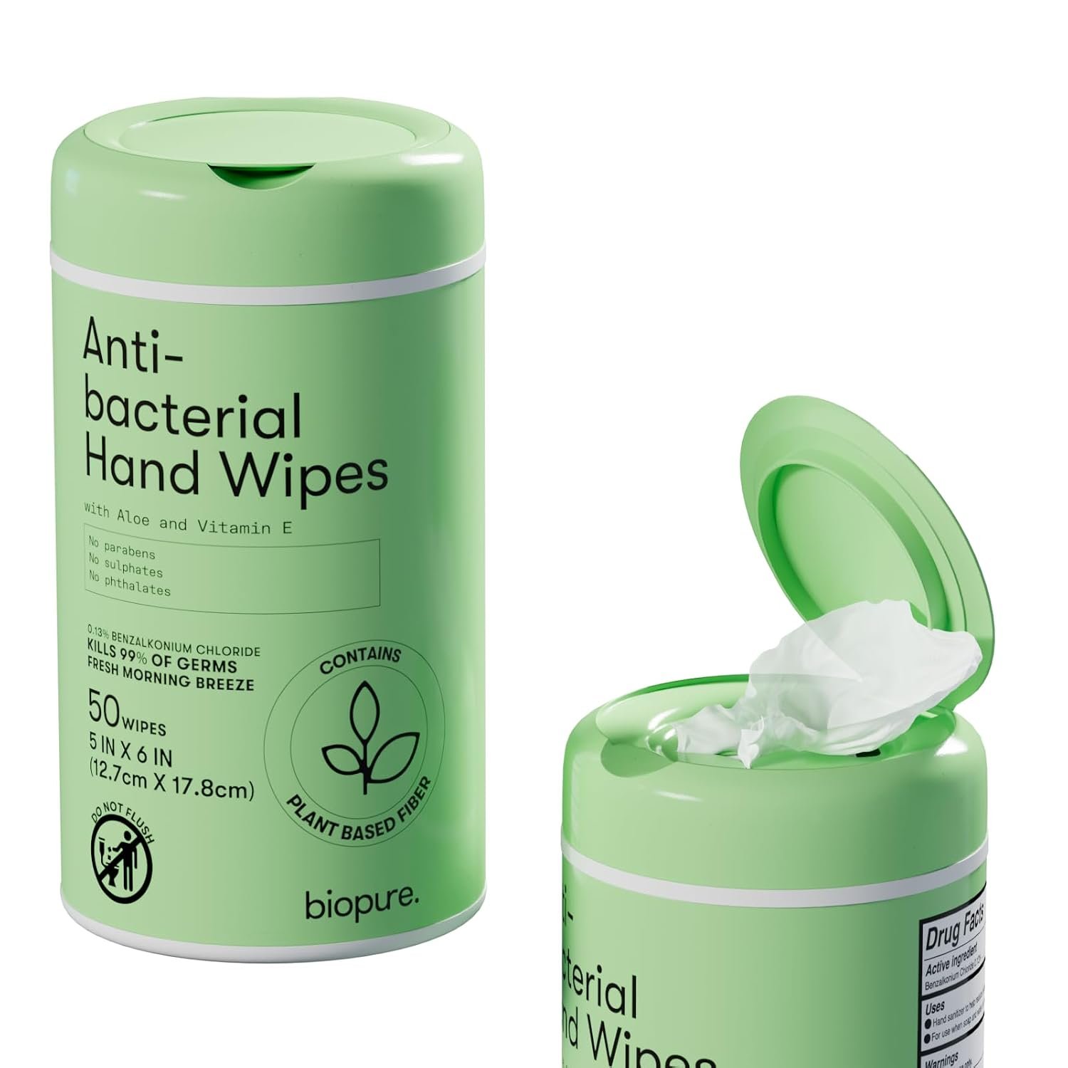 Biopure Antibacterial Hand Wipes Fresh Morning Breeze- Antibacterial Wipes with Aloe and Vitamin E Formula | 5″x7″ Wet Wipes Canister | No Parabens, Sulfates or Phthalates, Kills 99% of Germs, 50 ct