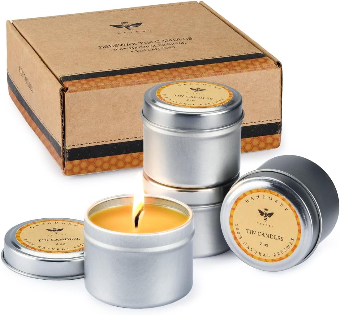 DEYBBY Pure Beeswax Emergency Candle Set of 4 – Natural Unscented Travel Tin Candle