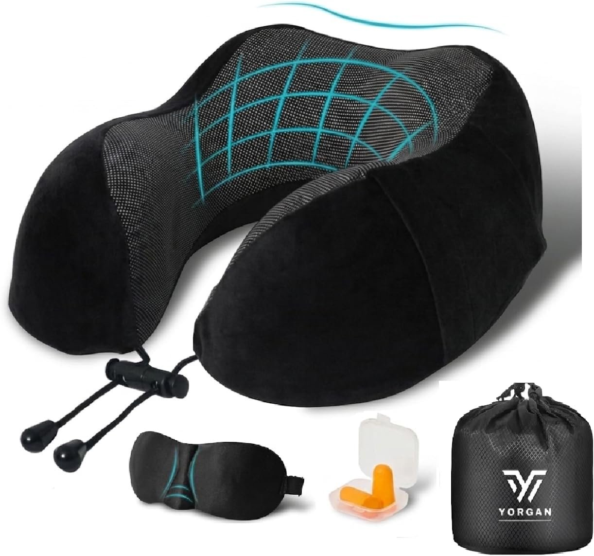 Airplane Travel Neck Pillow, 100% Memory Foam Ergonomic Neck Support, Airplanes Neck Pillow with Washable Cover Travel Essential for Flight & Office Include Eye Mask, Earplugs & Carry Bag (Black)