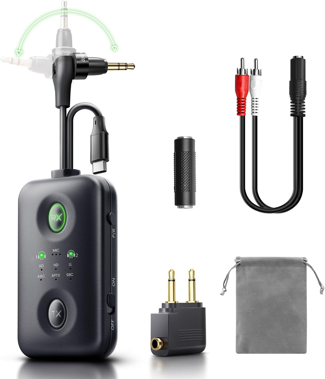 Bluetooth 5.4 Transmitter Receiver, Upgraded 180° Rotatable 3.5mm Aux/USB-C Adapter for Airplane, TV, PS5, Phone, Qualcomm aptX Adaptive Low Latency for Dual AirPods/Headphones