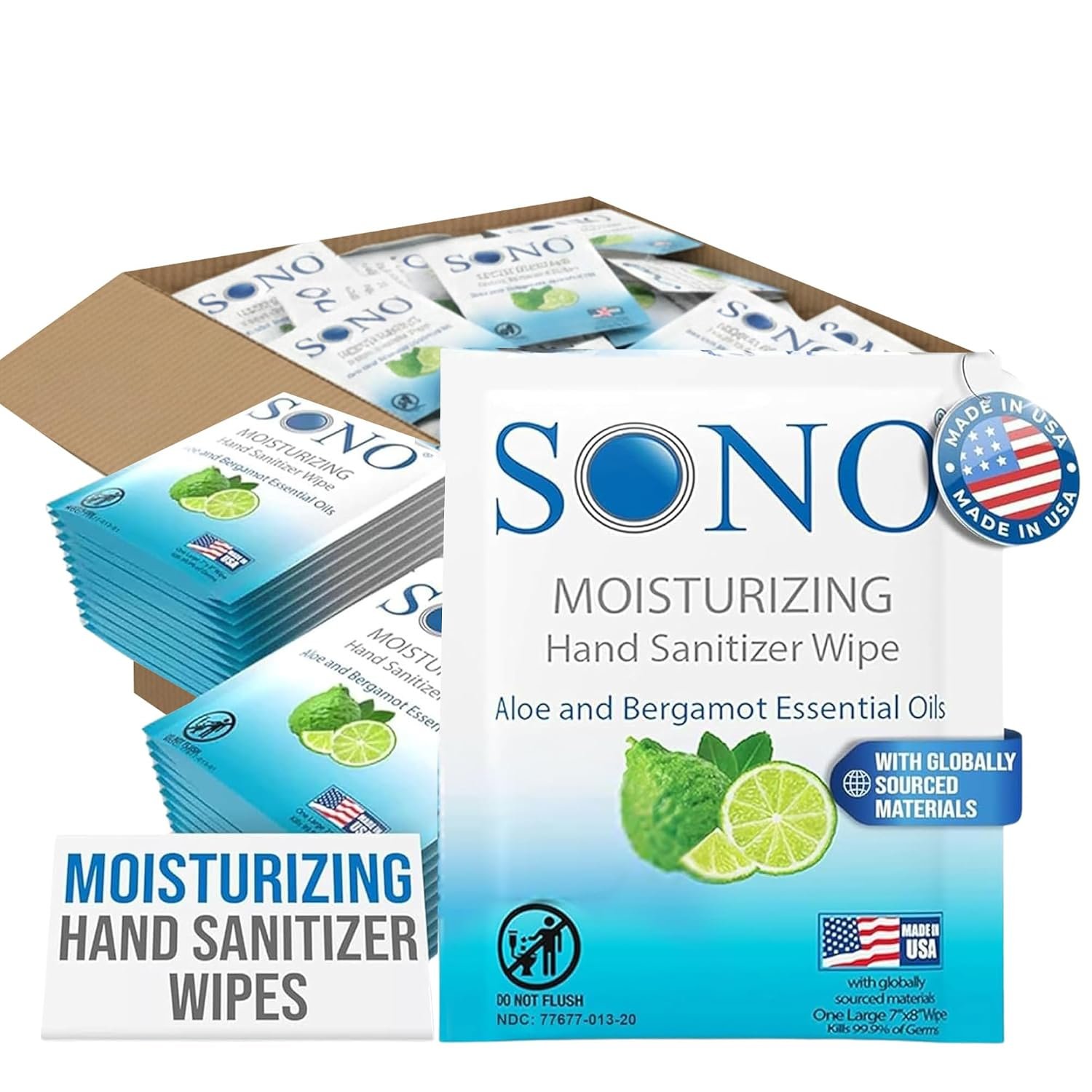 SONO Bergamot & Aloe Moisturizing Hand Sanitizer Wipes – TSA-Approved Travel Size Individual Packs for On-the-Go Hygiene & Cleansing – Alcohol-Free Antibacterial for Hands & Surfaces