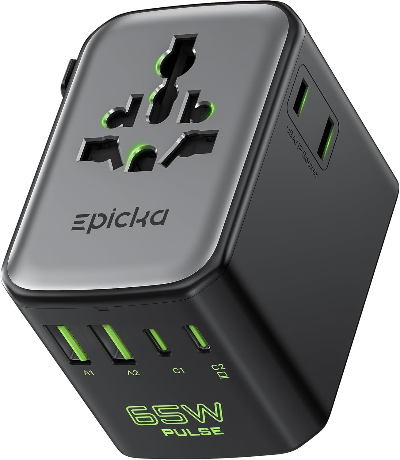 Epicka Pulse Duo 65W Universal Travel Adapter PD/QC 3.0, 2AC/2USB-C/2USB-A