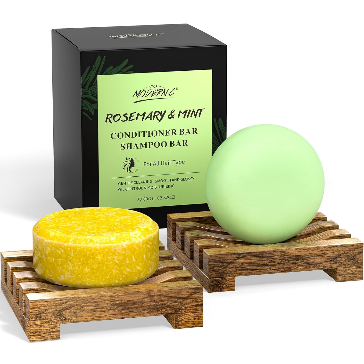 Rosemary Shampoo and Conditioner Bar Set for Hair Growth Solid Shampoo Conditioner Soap for Straight Curly Oily Dry Hair Moisturizing Cleansing Zero Waste 2x80g Soaps 2 Wooden Holder Mother’s Day