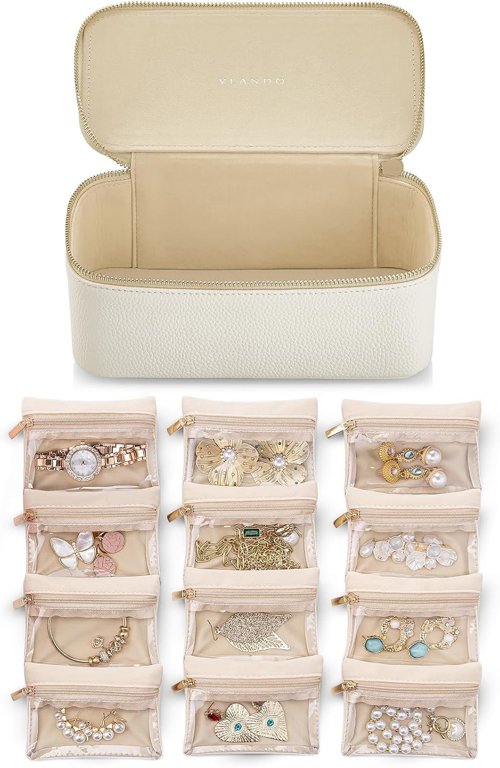 VLANDO Travel Jewelry Case with Clear 12 Velvet Bags,White
