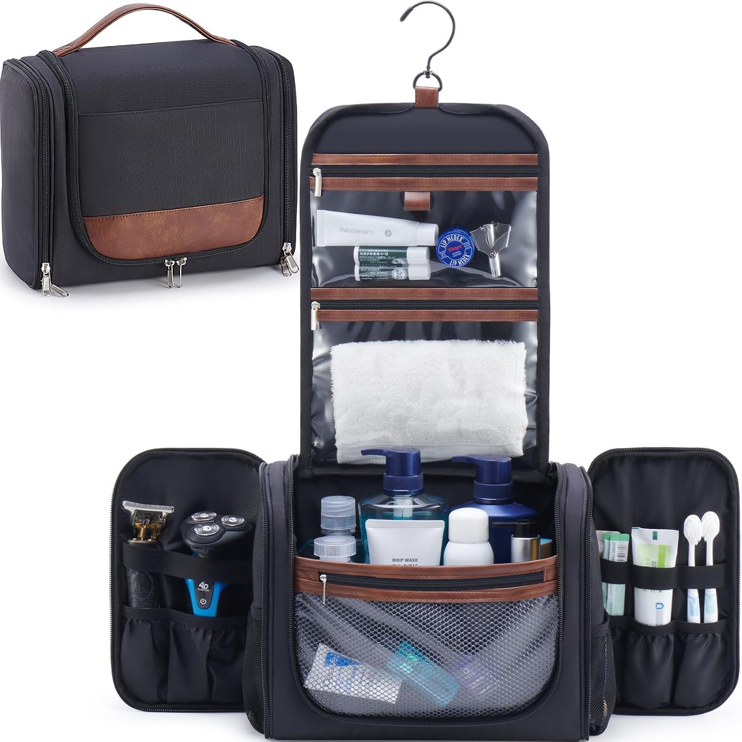 Ralnitote Large Hanging Toiletry Bag for Men, Travel Bathroom Bag with Hook, Hygiene Bag Organizer for Shower, Shaving & Grooming Essentials, Black