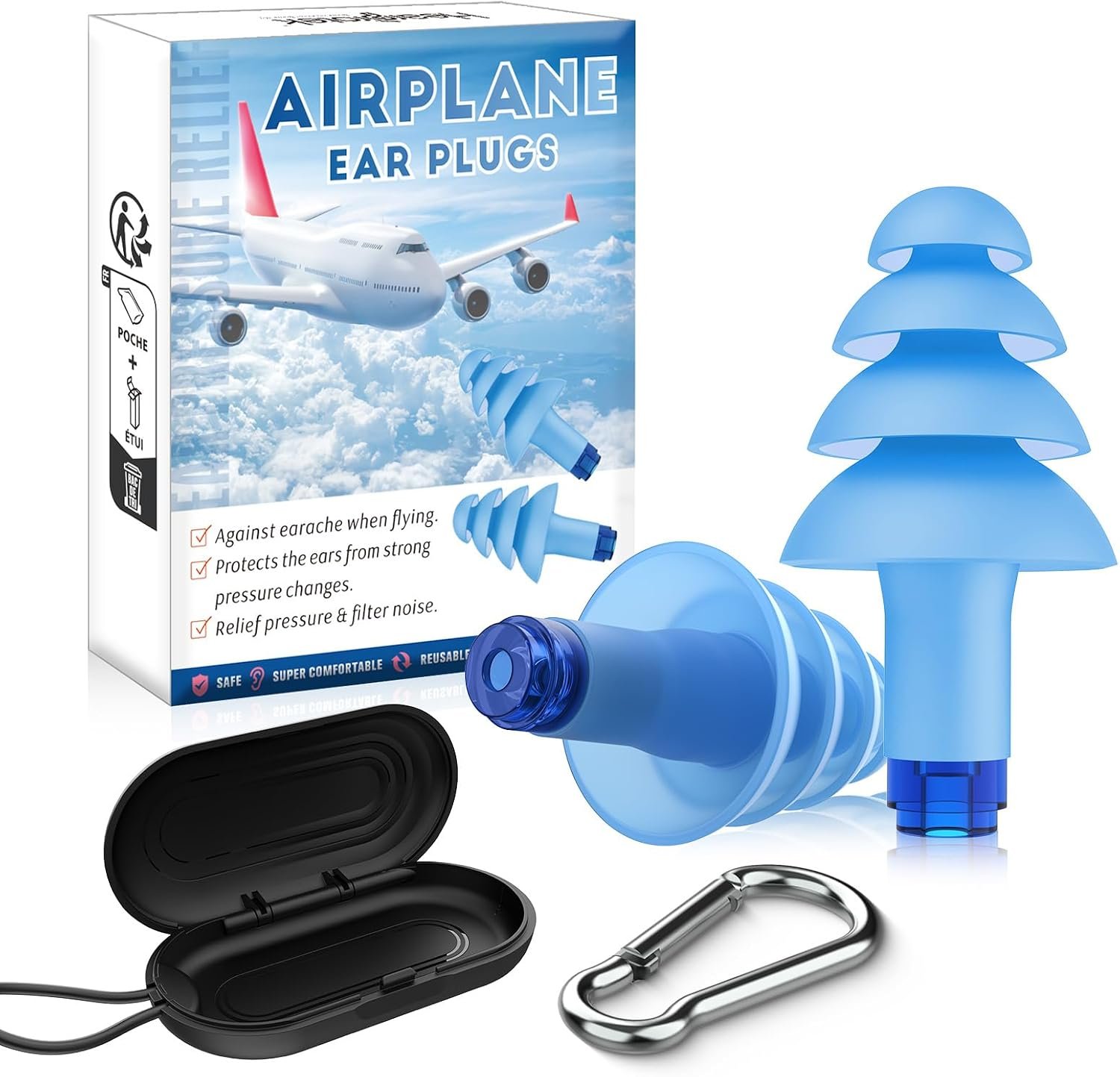 Hearprotek Airplane Earplugs for Pressure Relief, Soft Reusable Ear Protection for Air Travel, Includes Carrying Case, Essential for Adults to Alleviate Pressure and Muffle Engine Sounds (Blue)