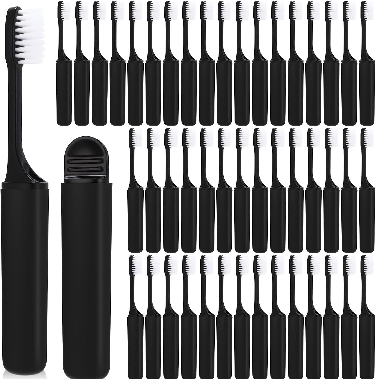 Rtteri 50 Pcs Travel Toothbrush Kit Bulk Folding Tooth Brush with Cover Transparent Potable Travel Size Mini Toothbrush Small Foldable Manual Tooth Brushes for Adult Camping School (Black Matte)