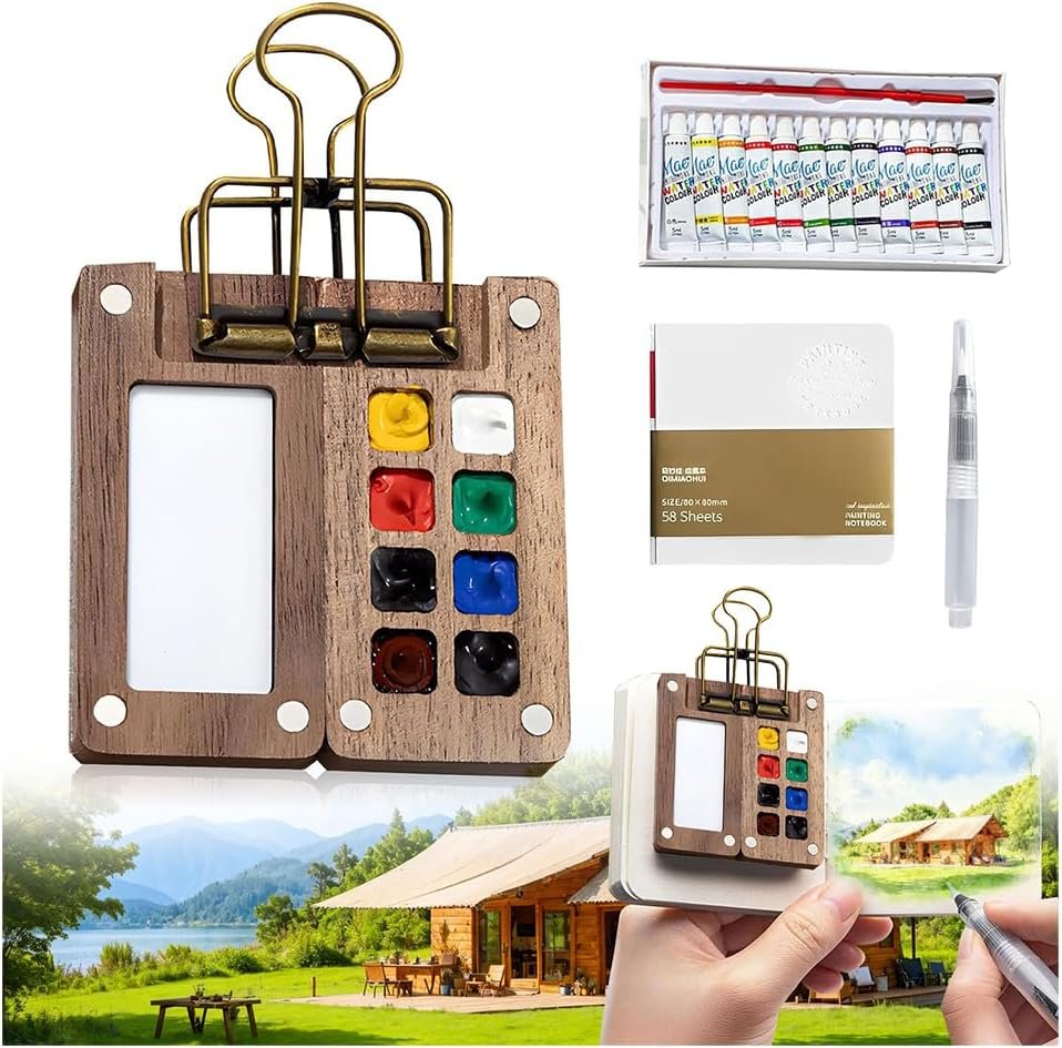 Mini Watercolor Travel Paint Set,Travel Watercolor Kit, Portable Artist Palette Sets with 24 colors, 3 Pens, Brush, Sketchbook, Binder Clips, Colours, Wooden Paint Box for Artists, Students & Beginners (16 colors)