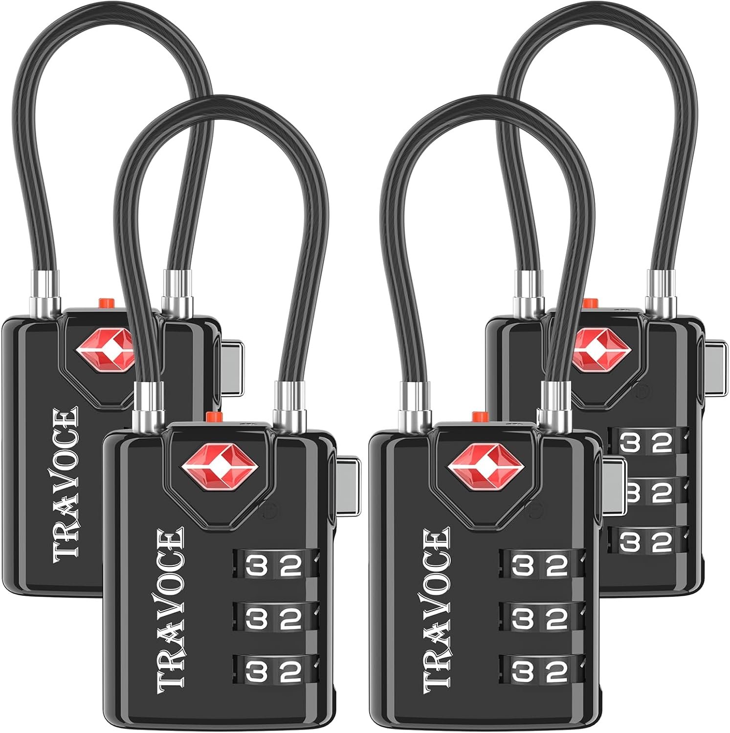 TRAVOCE TSA Approved Luggage Locks, Combination Cable Locks, 4 Pack, Black