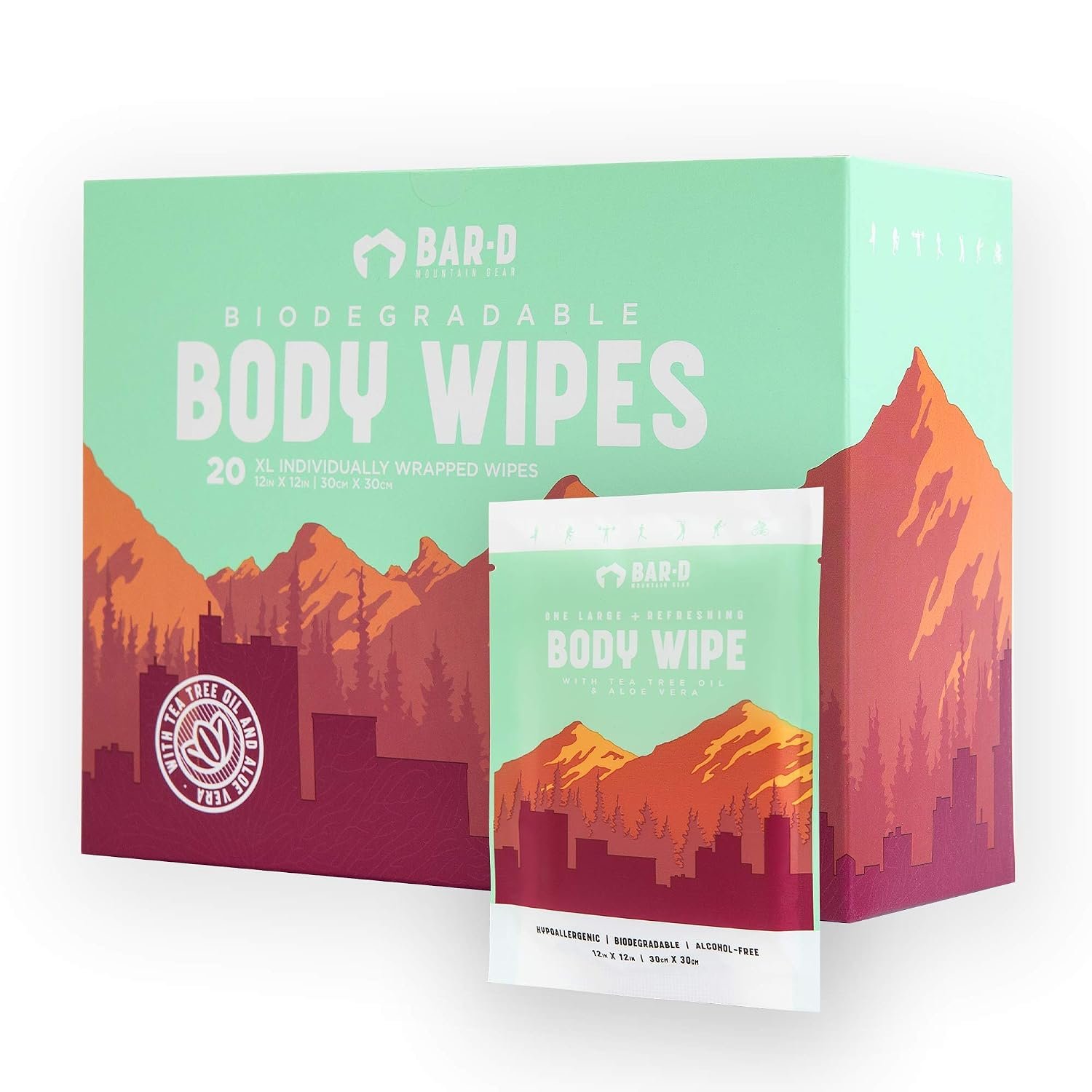 Bar-D Cleansing Face & Body Wipes for Women and Men – Individually Wrapped Biodegradable Shower Wipes with Tea Tree Oil & Aloe Vera (20 Count/Box)