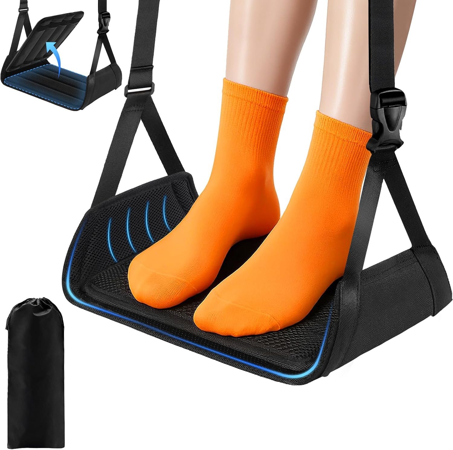 ExploreBliss Airplane Foot Rest – Lightweight Foot Hammock for Plane Travel with Adjustable Strap & Thick Board, Tray Table Under Desk Footrest to Relax Feet, Travel Essentials for Long Flights(Black)