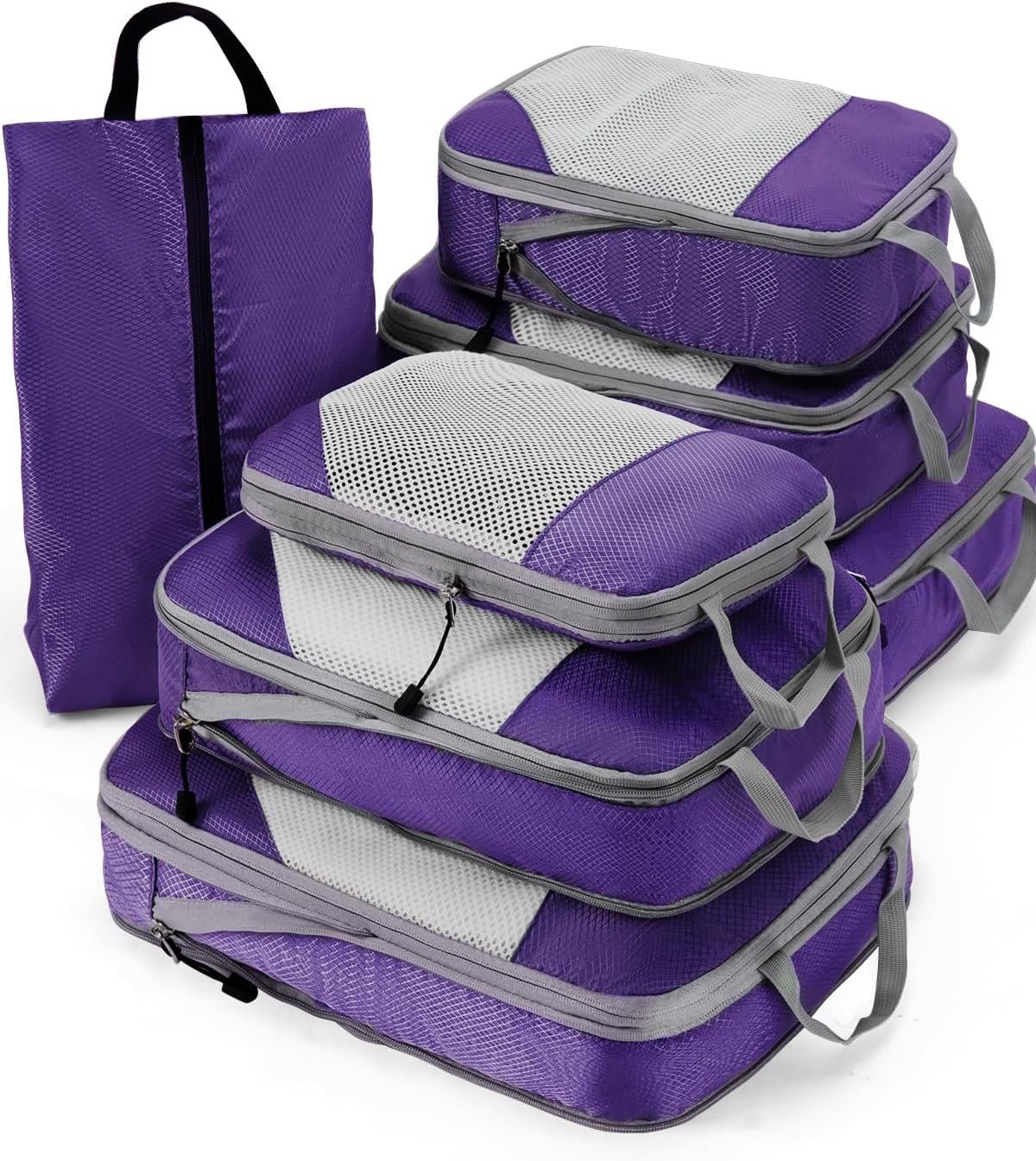 Meowoo 7 Set Compression Packing Cubes for Travel, Durable Ripstop Mesh Suitcase Organizer with Shoe Bag, Ultralight & Expandable Space Saver Travel Cubes