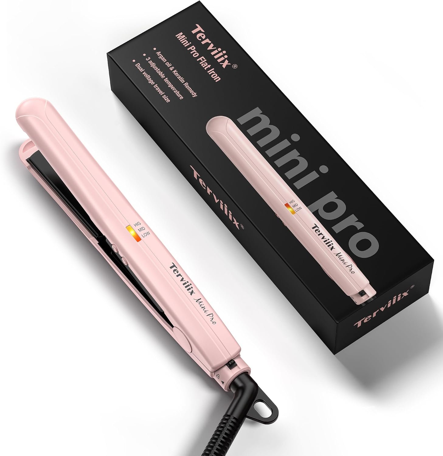 Terviiix Mini Flat Iron Hair Straightener, Adjustable Temperature, Travel-Size, 1/2″ Ceramic Plates, Dual Voltage, Auto-Off, Pink