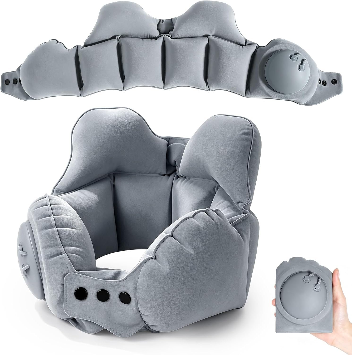 Inflatable Neck Pillow, U-Shaped Travel Pillow with Adjustable Snap Grey