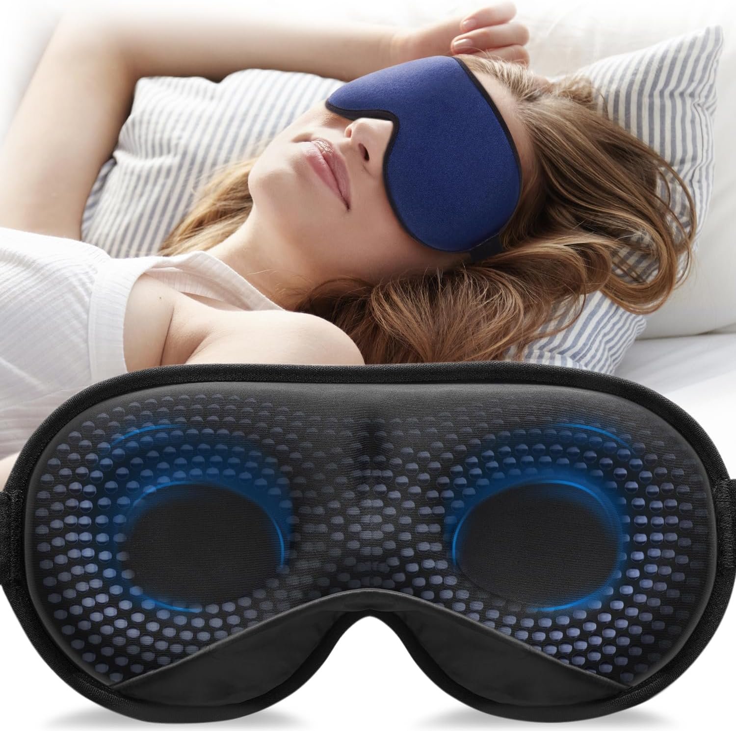 YFONG Weighted Sleep Mask for Women Men, 3D Light Blocking Eye Mask, Blue