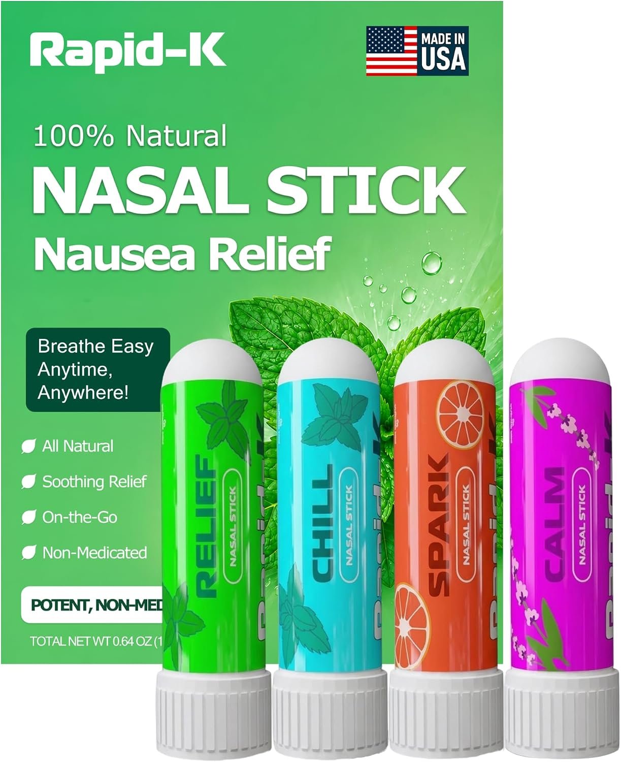 Rapid K1 Nasal Inhaler Stick 4 Pack – Nausea & Sinus Relief, Motion Sickness & Morning Sickness – Non-Medicated Menthol Aromatherapy Inhalers – Mint, Wintergreen, Lavender, Tropical Variety Pack