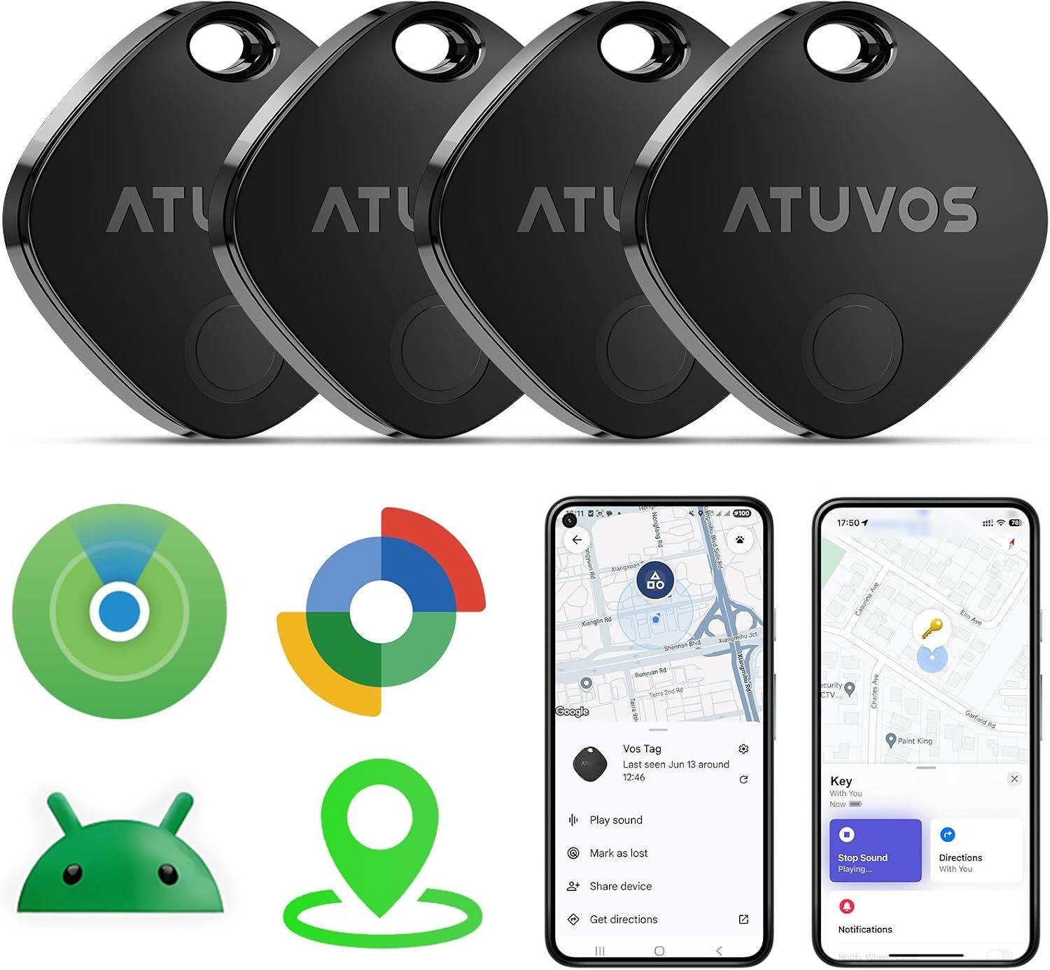 ATUVOS Air Tracker Tags-4 Pack for Android & iOS, Tracker Tags Work with Google Find Hub or Apple Find My APP, Smart Tags for Android, IP67 Waterproof Bluetooth Tracker Tag for Luggage, Keys