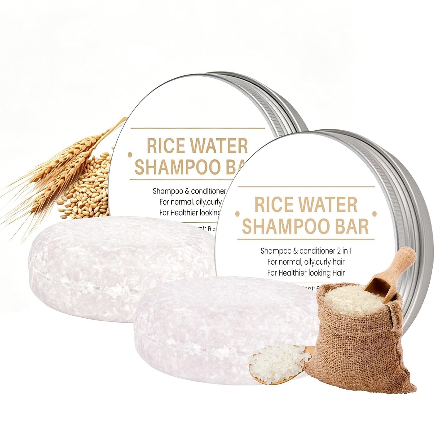INSEEK 2 in 1 Rice Water Shampoo & Conditioner Bar, 2 Pack Solid Rice Water Shampoo Bar for Thin Weak Dry Damaged Hair, Frizz Control & Scalp Care for Fuller Softer Looking Hair
