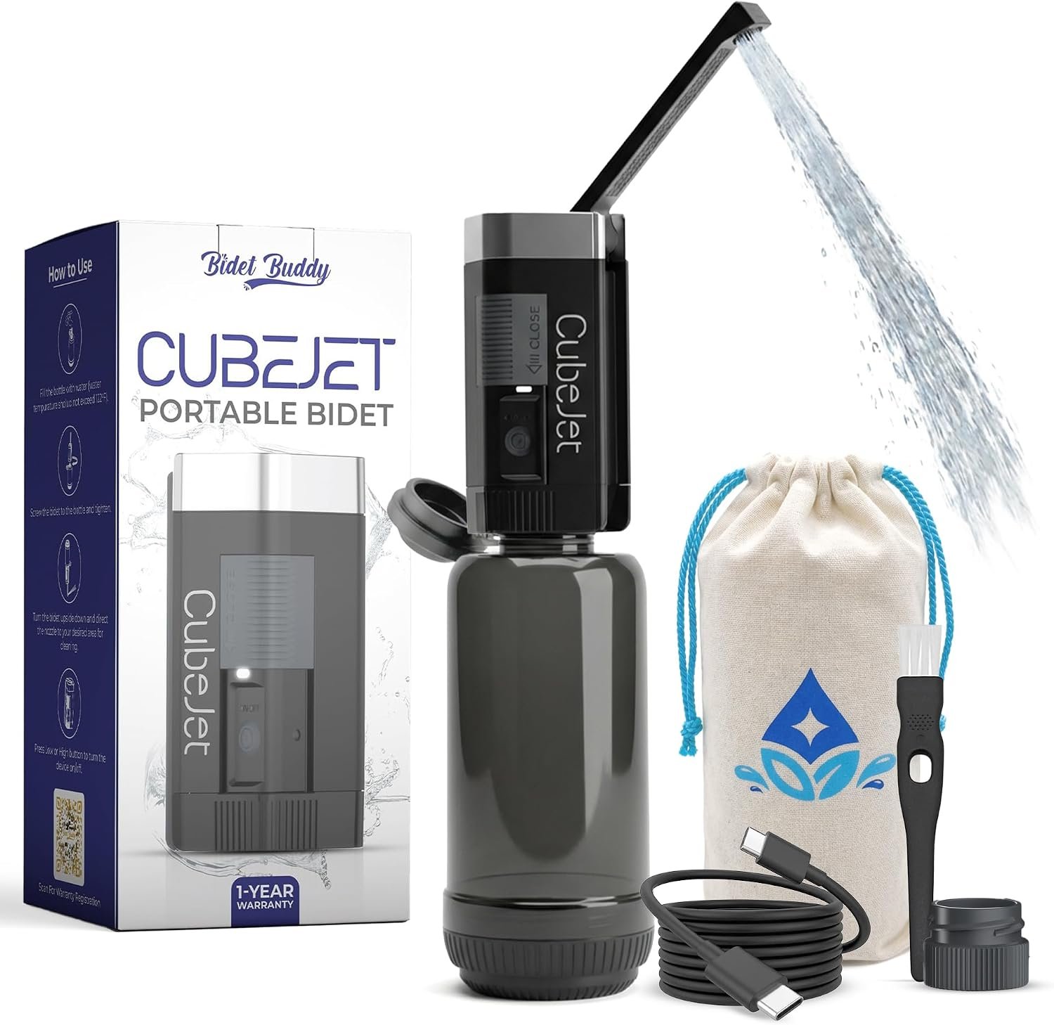 BIDET BUDDY® CubeJet Portable Bidet for Travel, 380mL Bottle Obsidian Drift