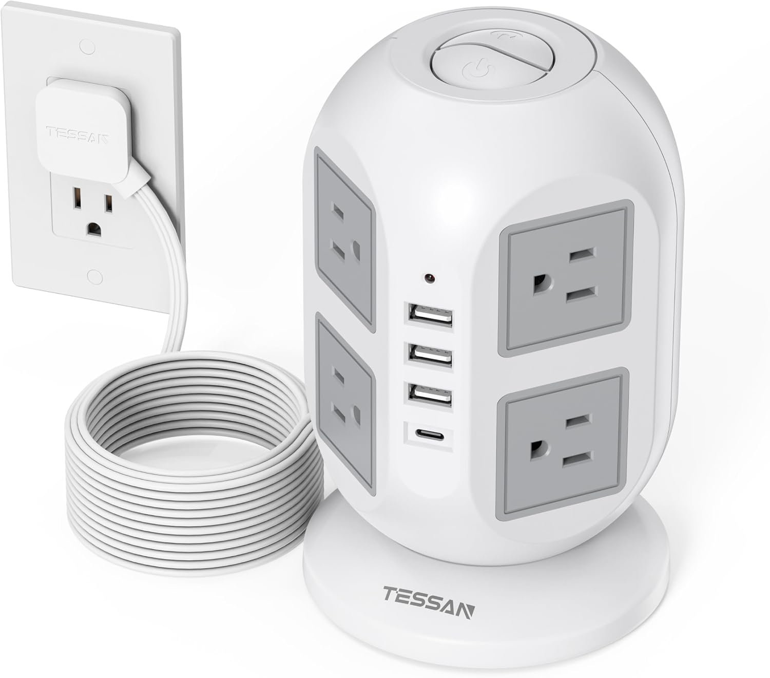 TESSAN Tower Surge Protector Power Strip, 10 ft Long Flat Extension Cord