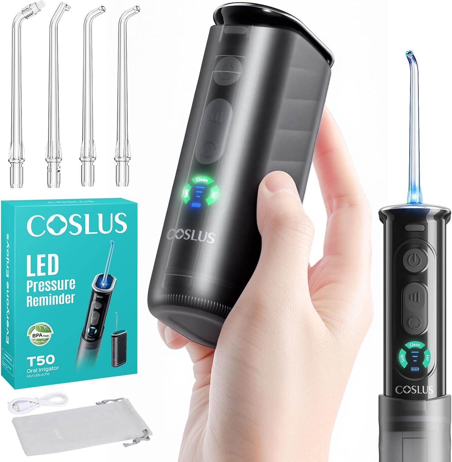COSLUS T50 Portable Water Dental Flosser for Travel with Screen Display