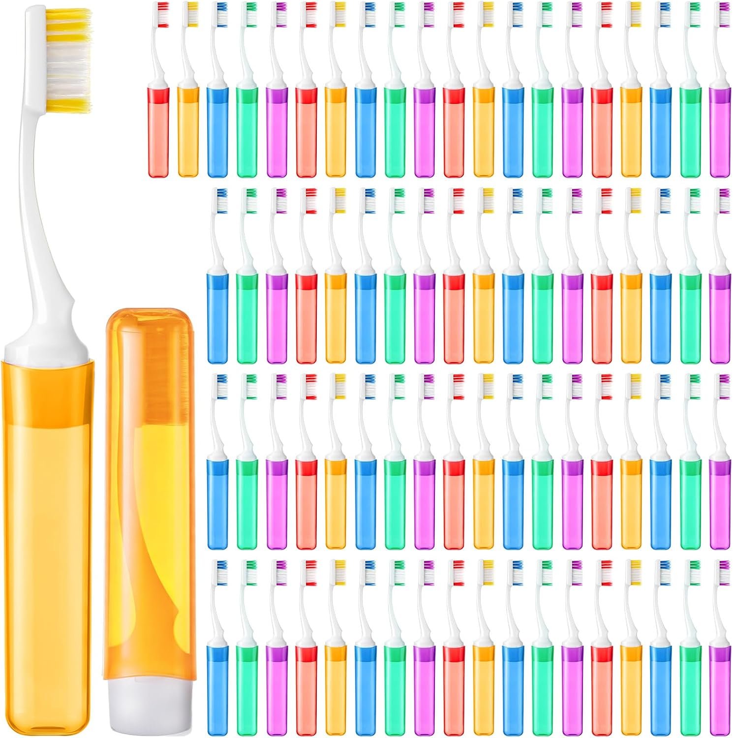 Thenshop 100 Pack Travel Toothbrush Bulk Mini Foldable Tooth Brush with Case, Soft Bristle, Individually Wrapped, Portable Size for Traveling Camping Hiking, 5 Colors