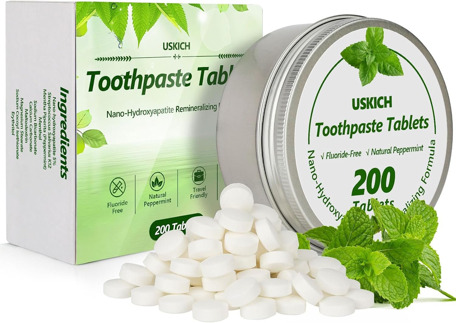 200 Pcs Toothpaste Tablets – Nano Hydroxyapatite Natural Whitening, Reduce Sensitivity,Fluoride & Plastic Free, Eco Friendly & Travel Mouthwash Tablets