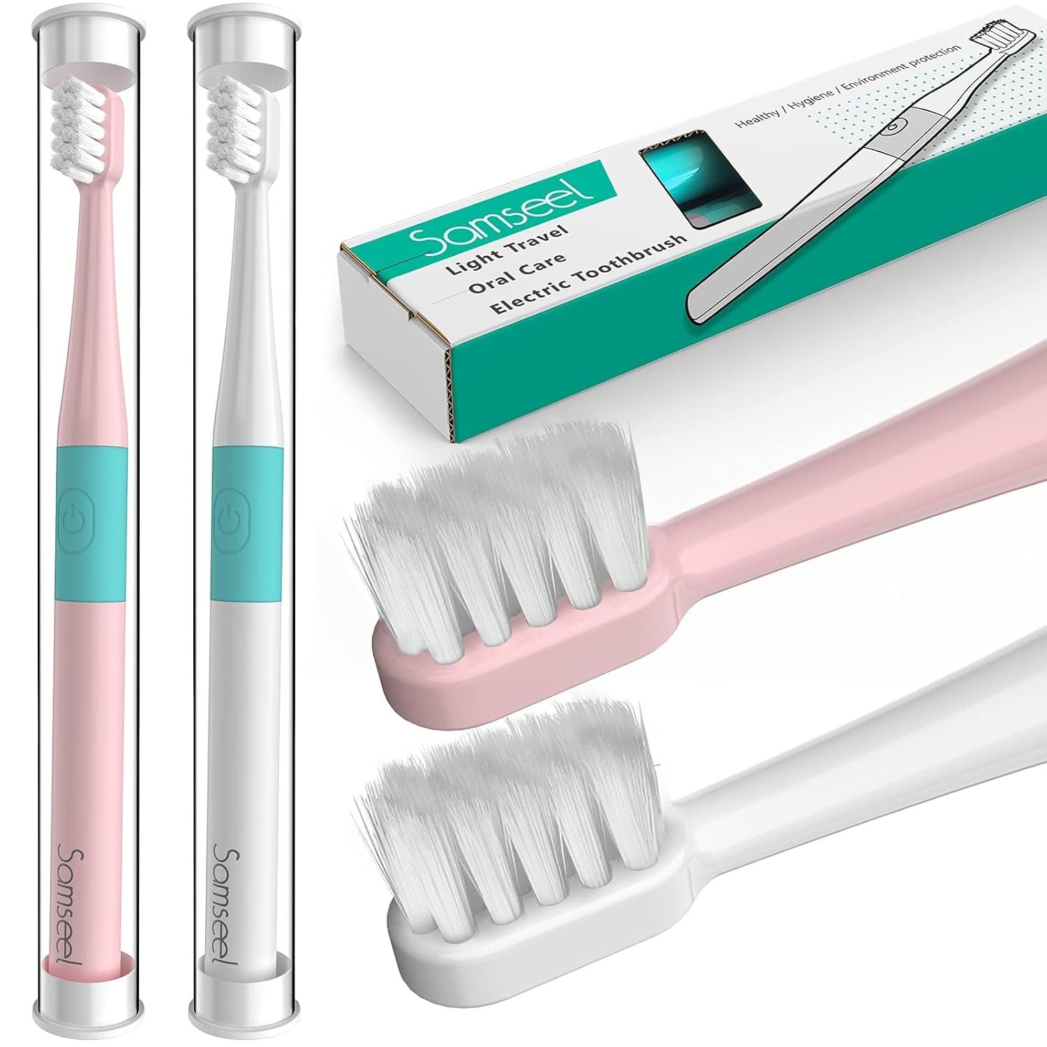 (2-Pack, White and Pink Sonic Electric Toothbrush Lasting for 90 Days Travel Essential Waterproof Portable Mini Design for Daily Oral Care Business Travelling and Holiday Use