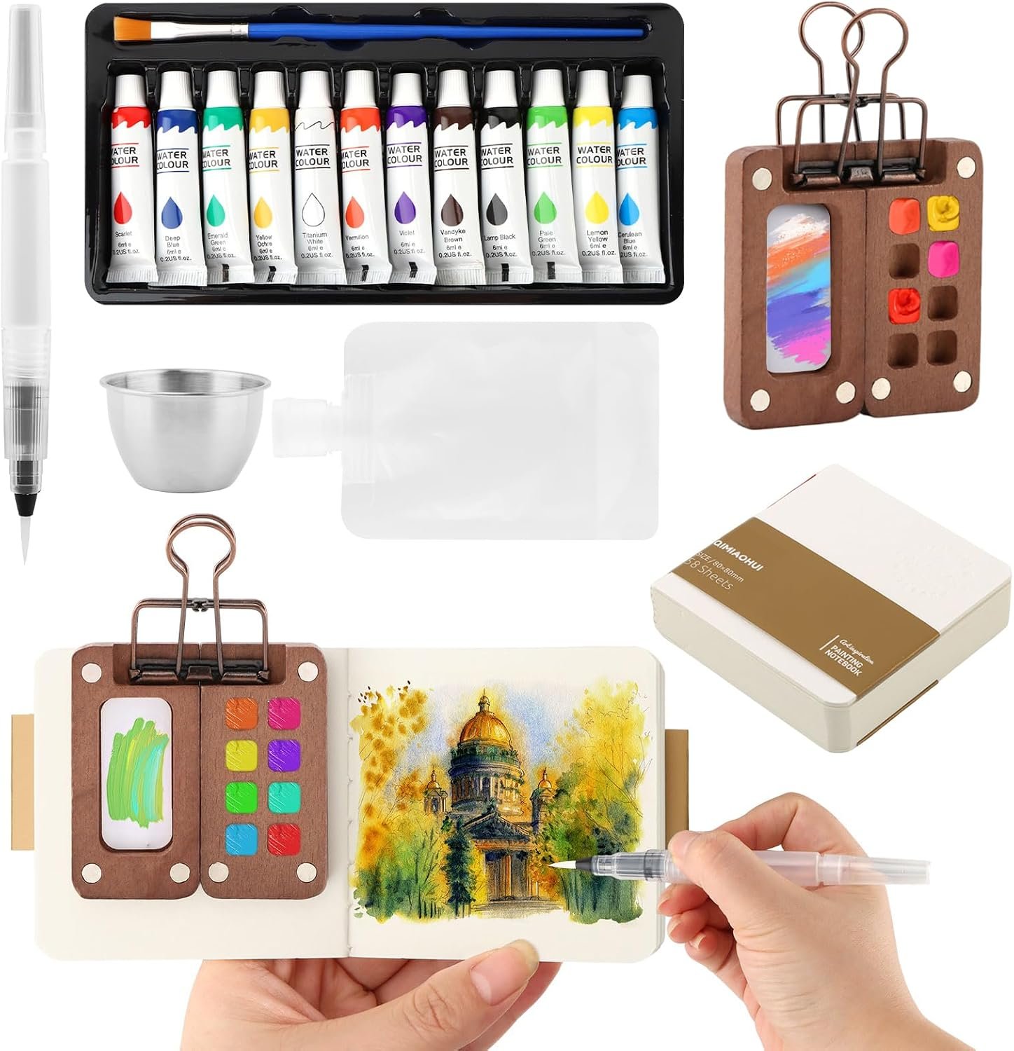 Mini Watercolor Travel Set, Pocket Watercolor Set with Sketchbook