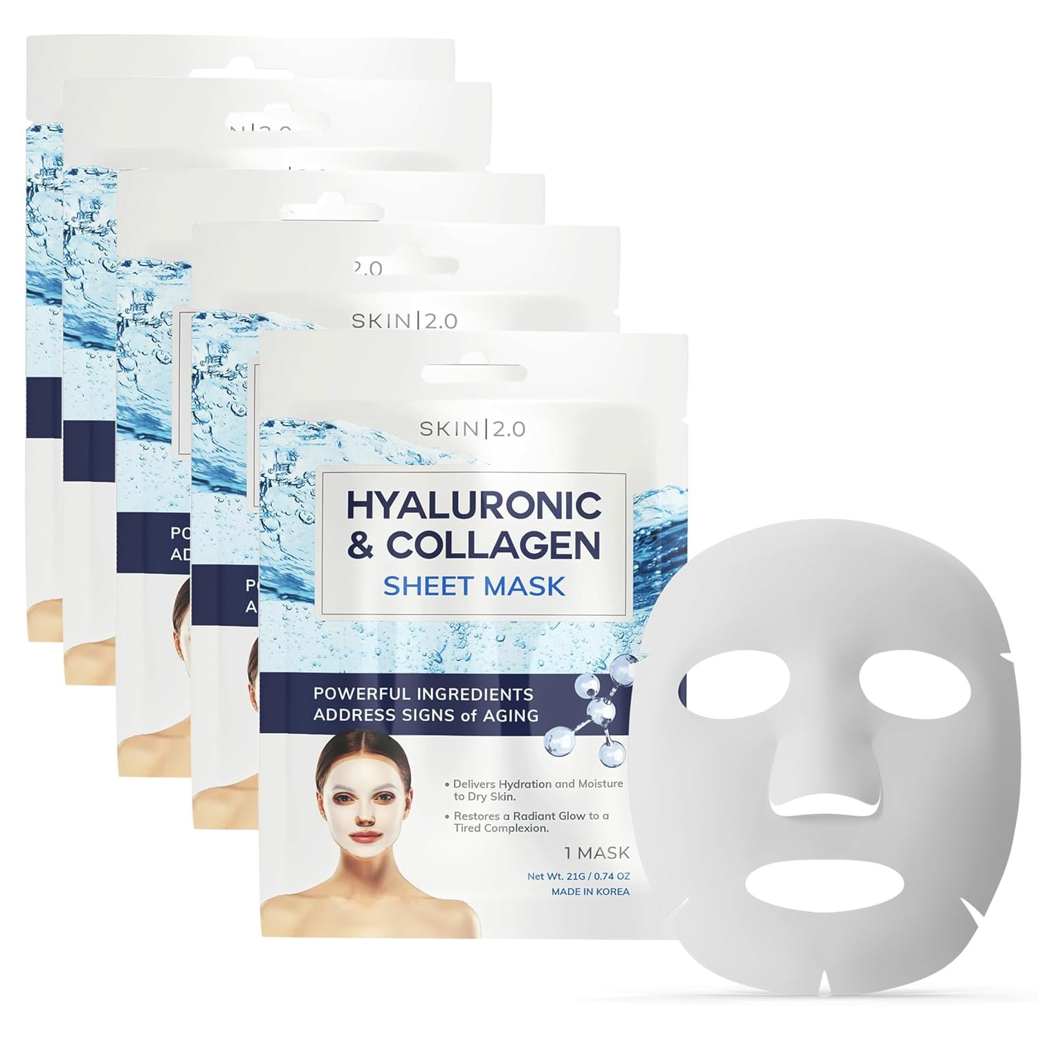 Skin 2.0 Hyaluronic Acid & Collagen Sheet Mask – Hydrating, Anti-Aging, Firming – Dermatologist Tested Korean Skincare – Clean Beauty, Natural Ingredients, Cruelty-Free, All Skin Types – Pack of 5