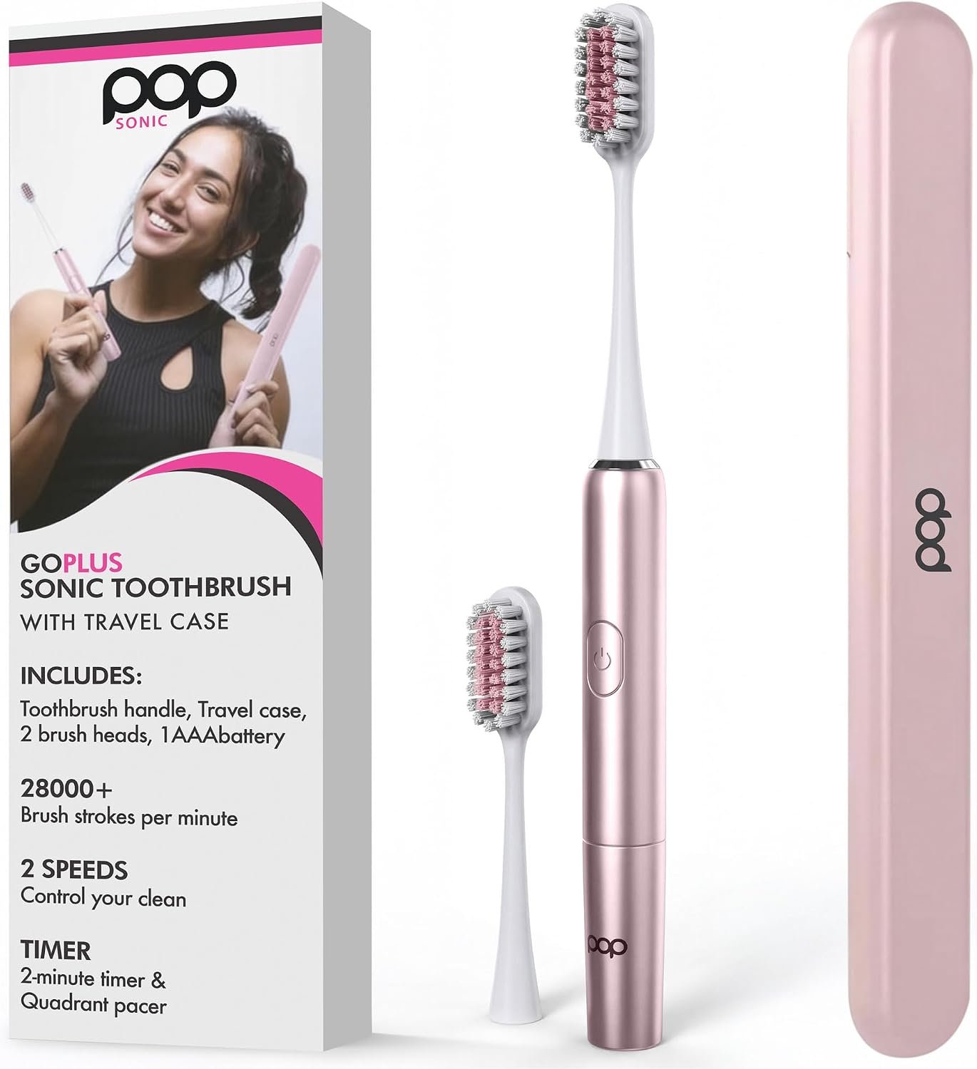 Pop Sonic Go Plus – Rose Gold – Electric Toothbrush for Adults – 2 Speed – Electric Toothbrush – Bathroom Essentials & Travel Essentials – Dupont Nylon Bristles –18000-24000 Strokes/Min w/AAA Battery