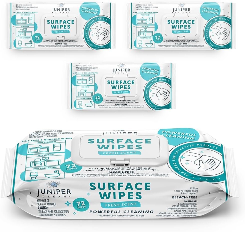 Juniper CLEAN 3 Pack Surface Cleaning Wipes Bleach Free, All-Purpose Cleaner for Bathroom, Kitchen, Office, 72 Count Soft Flow, Fresh Scent, Lint Free & Durable