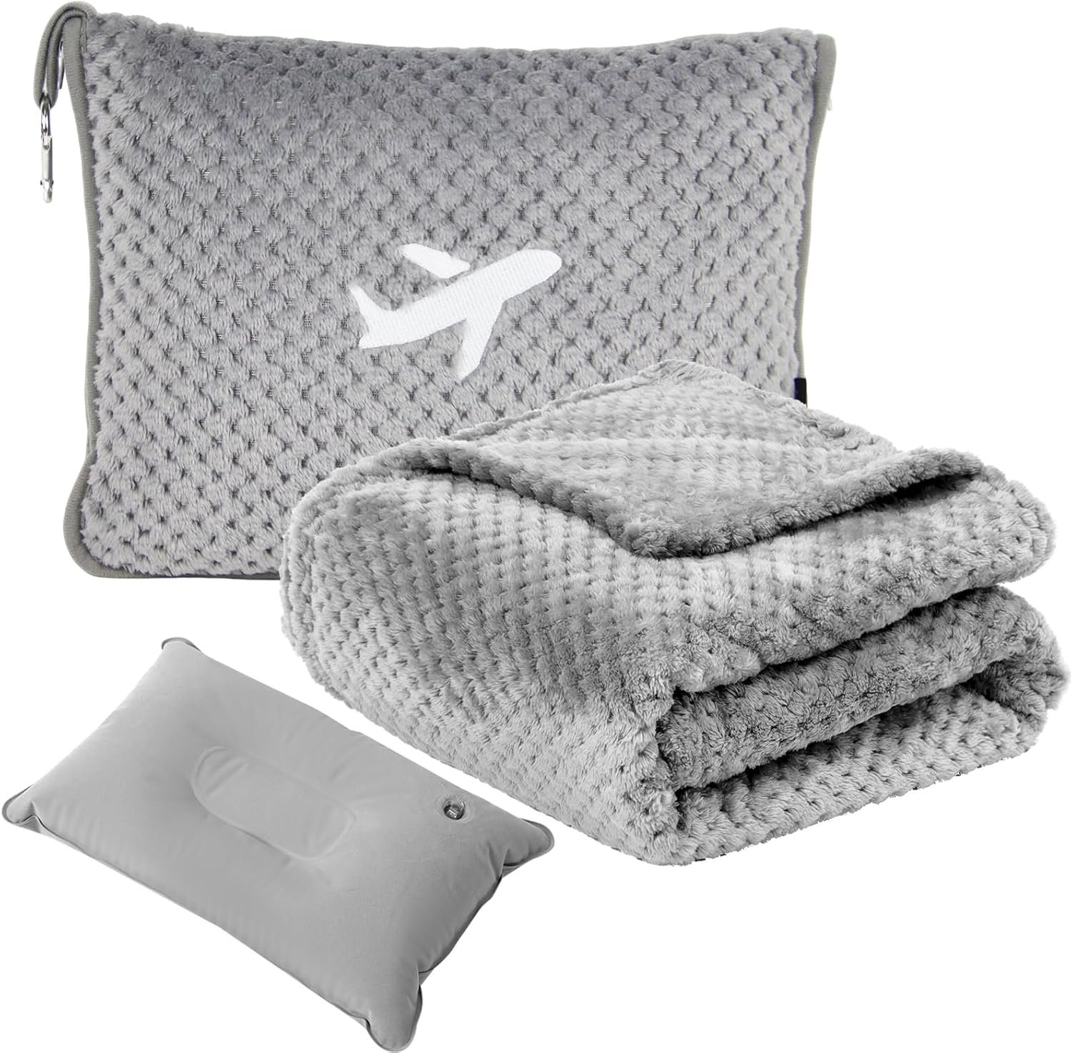 Travel Blanket Airplane Compact with Bag, Travel Essentials 3 in 1 Packable Airplane Blanket, Travel Pillow and Blanket Set, Inflatable Pillow, Luggage Sleeve & Backpack Clip (Light Grey)