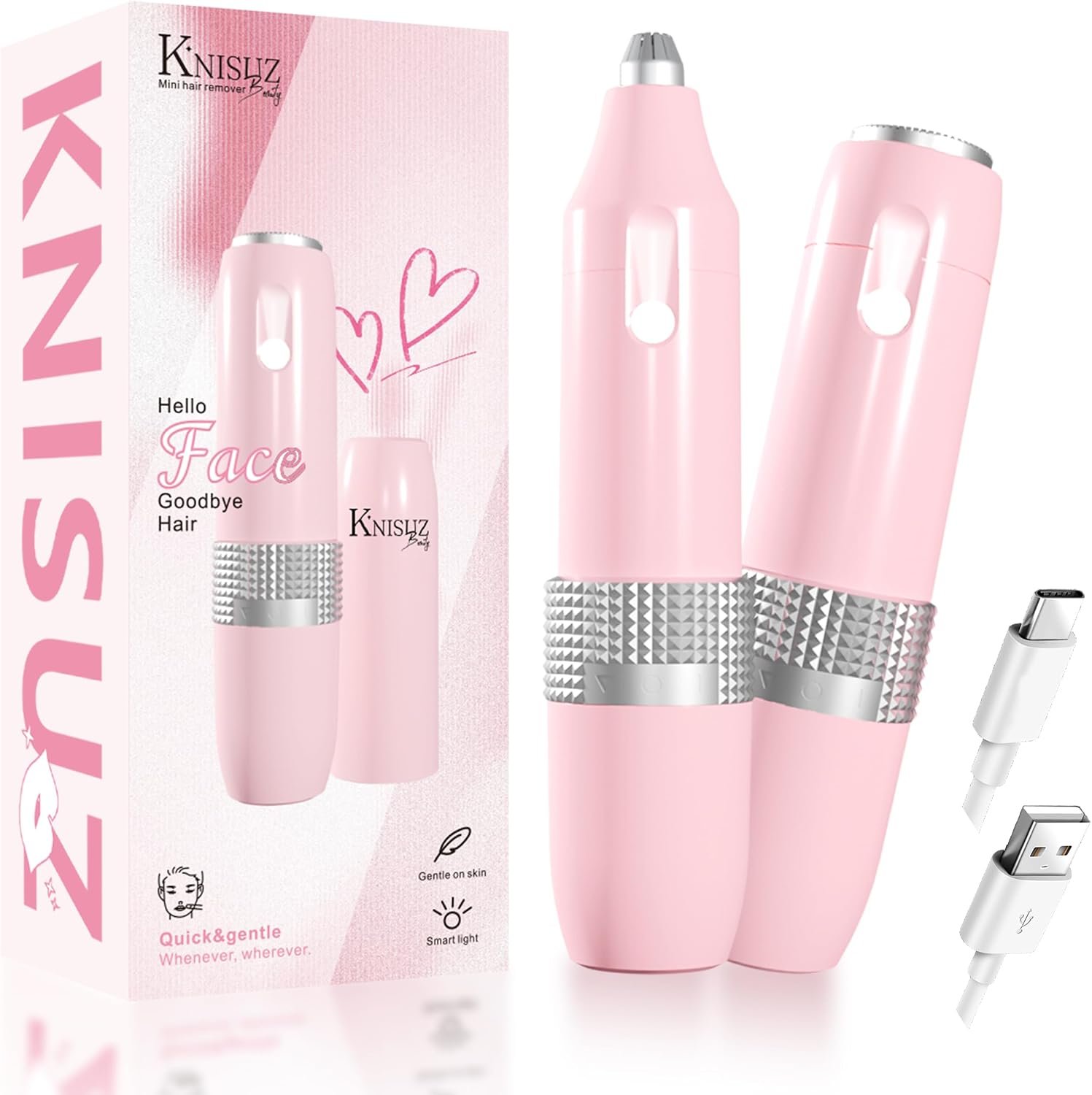 Facial Hair Removal for Women,2 in1 Rechargeable Facial Hair Removal & Eyebrow Trimmer – Body Razor with Built-in LED Light,Portable for Travel(Pink)