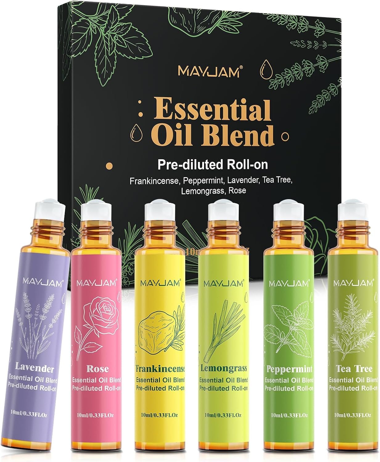 MAYJAM Essential Oil Roll-On Set for Skin & Relaxation, 6x10ml/0.33fl.oz