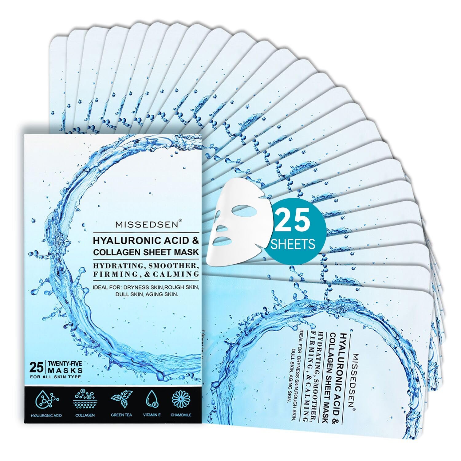 Collagen Hydrating Face Masks Bulk, 25PCS Sheet Mask Facial Mask Set